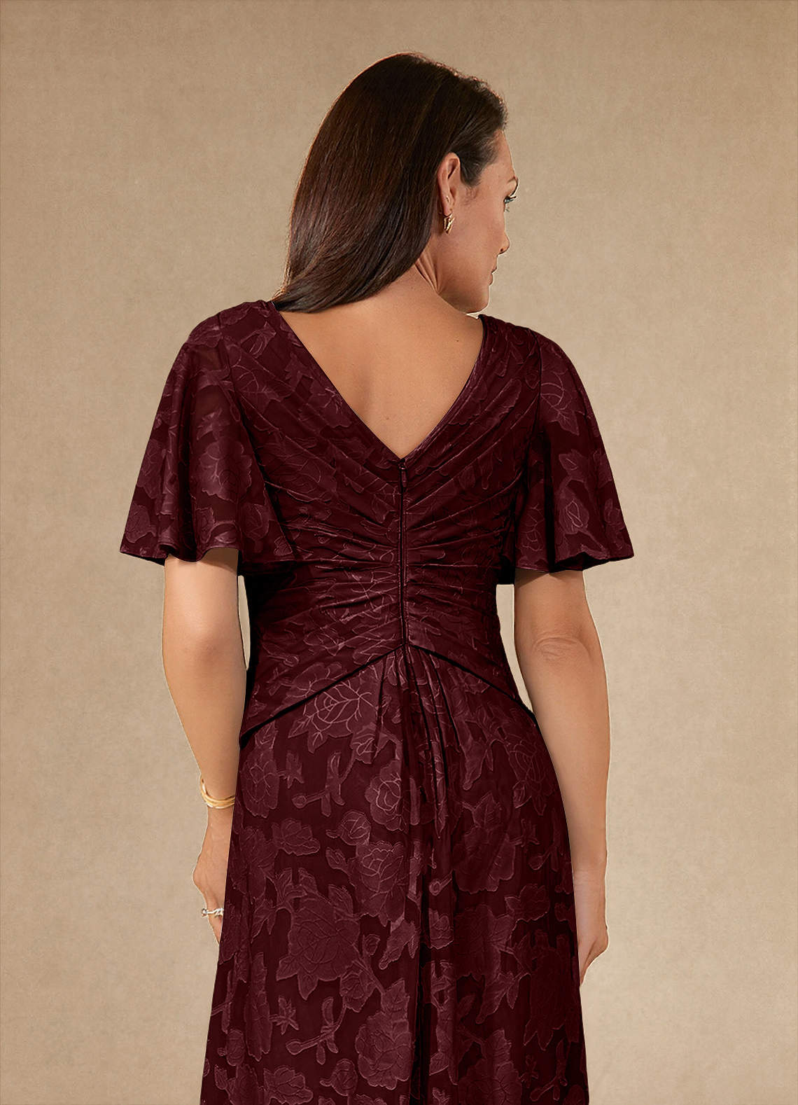 Azazie Emmeline vestidos de madre de la novia Vestido de Cabernet de Devorado Floral de Corte En A con Plisado image5