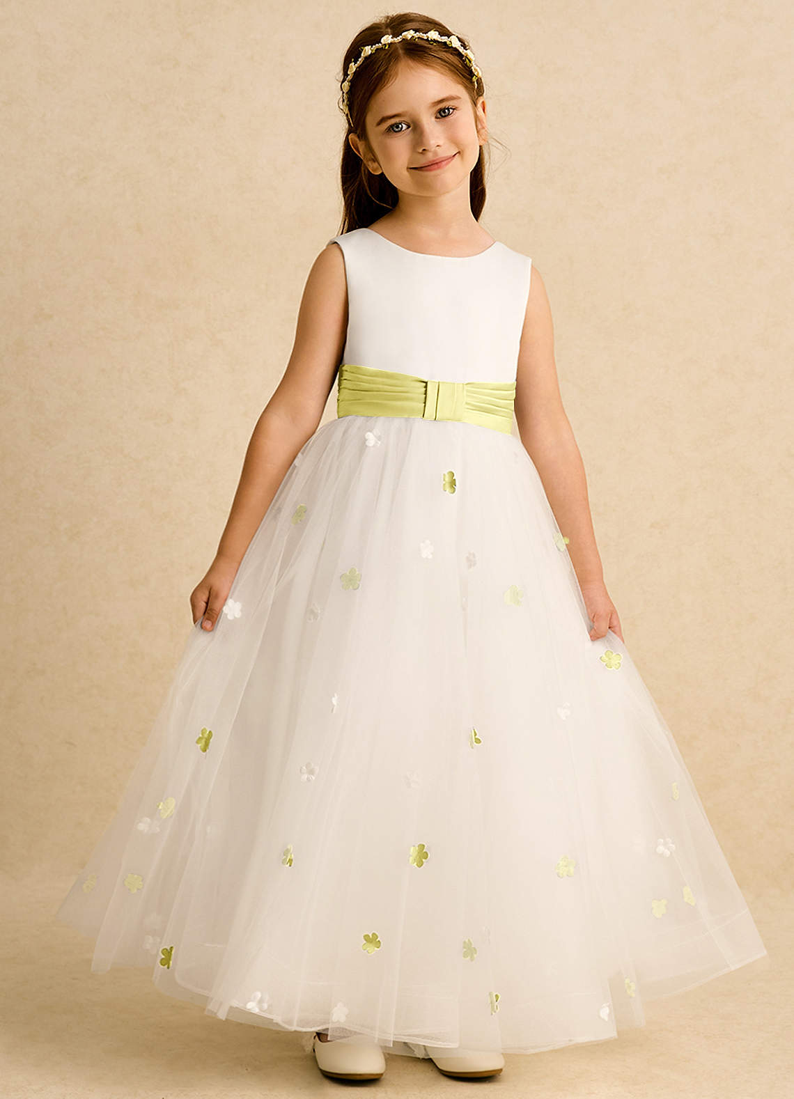 Azazie Cricket Flower Girl Dresses Ivory Lemon Sorbet Ball-Gown Pleated Matte Satin Dress image1