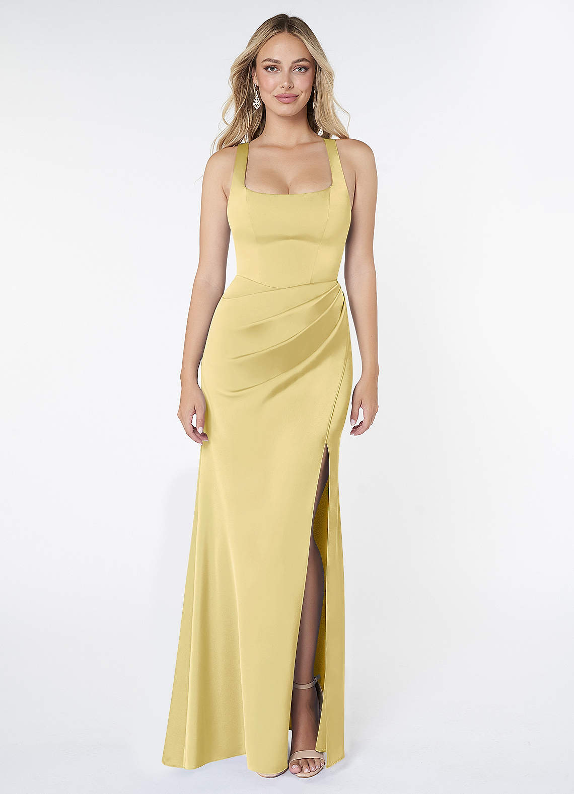 Azazie Mero Bridesmaid Dresses Lemon Sorbet Sheath Pleated Stretch Satin Dress image1