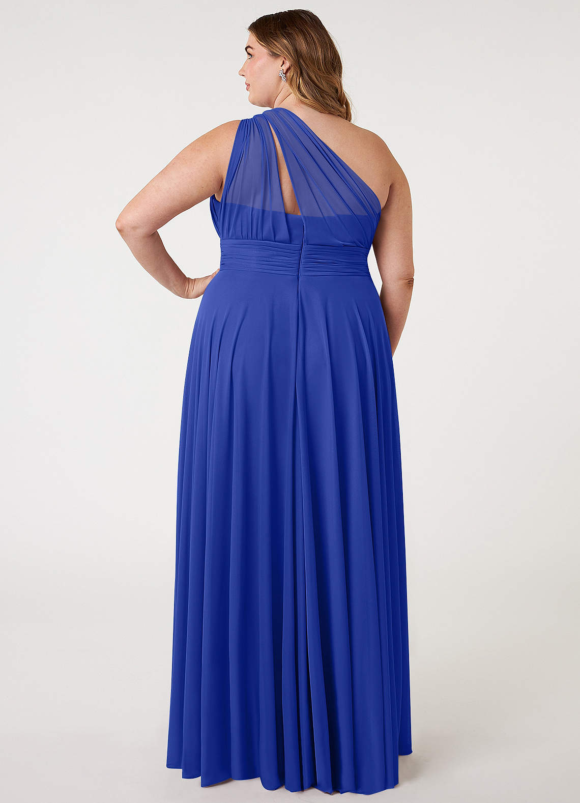 Azazie Charlize Vestidos de damas de honor Vestido de Azul Real de Malla de Corte en A con Hombro unilateral image6