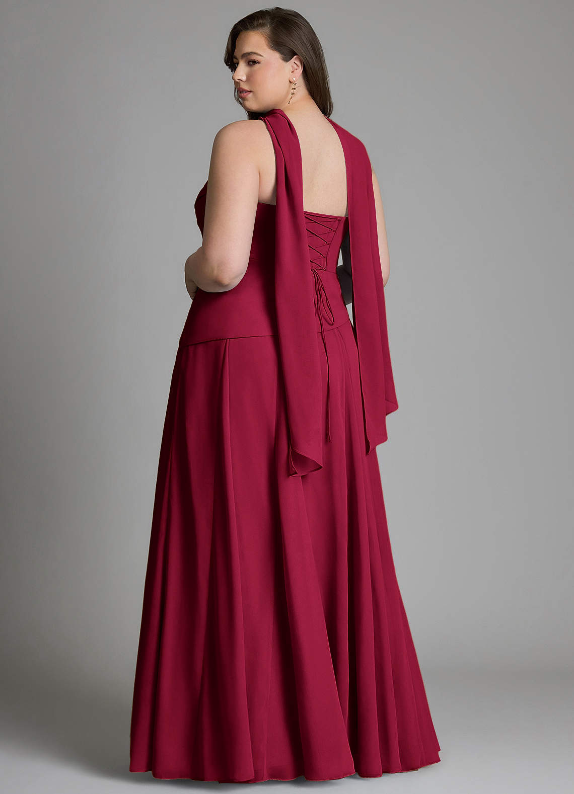 Azazie Gabriela At-home Try On Dresses Burgundy A-Line Corset Chiffon Dress image13