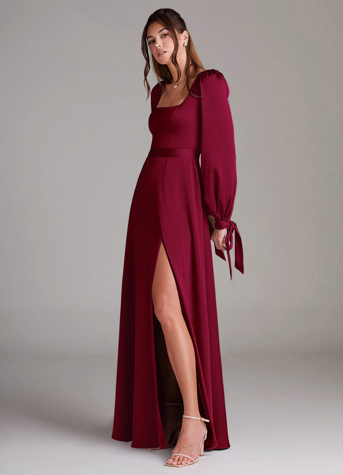 Azazie Leonia Bridesmaid Dresses Burgundy A-Line Long Sleeve Stretch Satin Dress image4