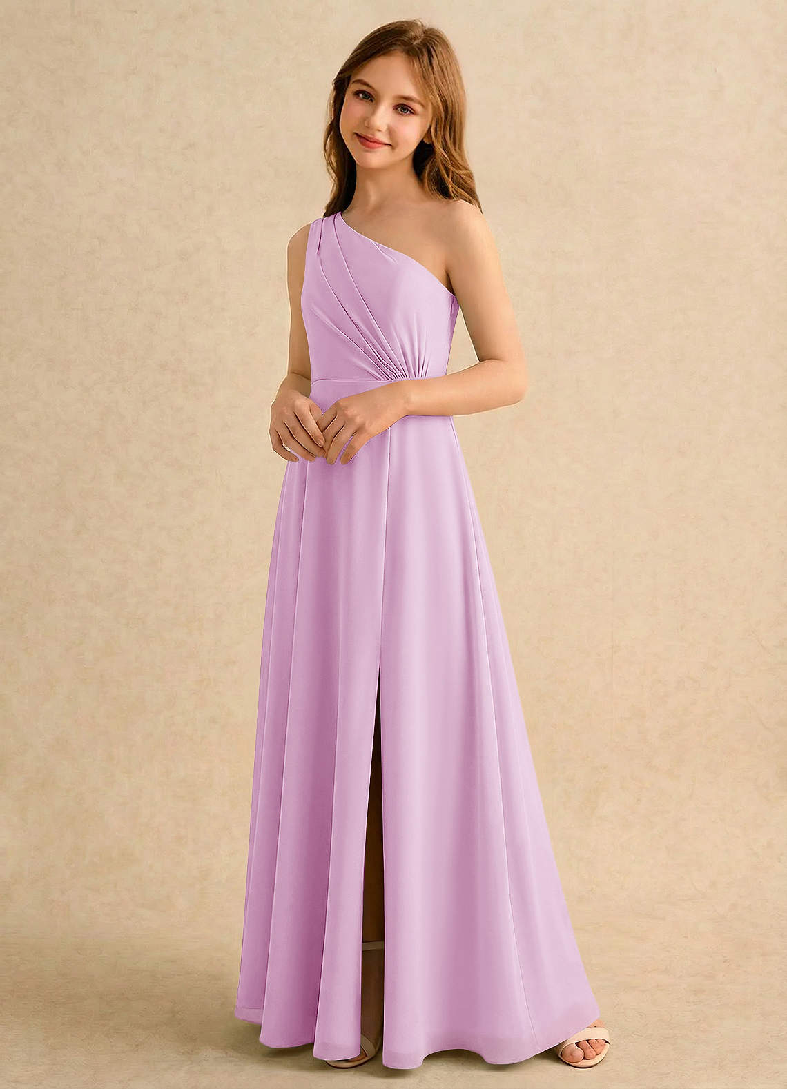 Azazie Puddles Girls Formal Robe Demoiselle D'honneur Fillette Robe Trapèze en Mousseline de soie Une épaule Rose Bonbon image3