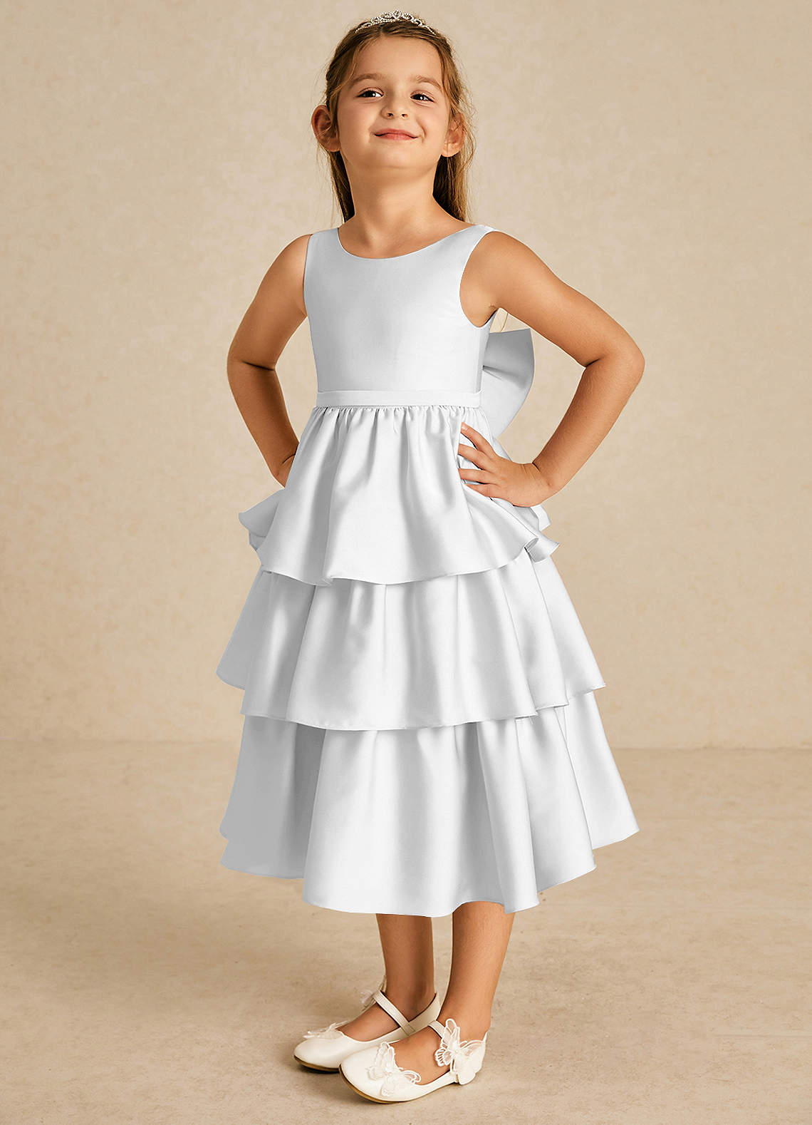 Azazie Margery Flower Girl Dresses Diamond White A-Line Bow Stretch Satin Dress image2