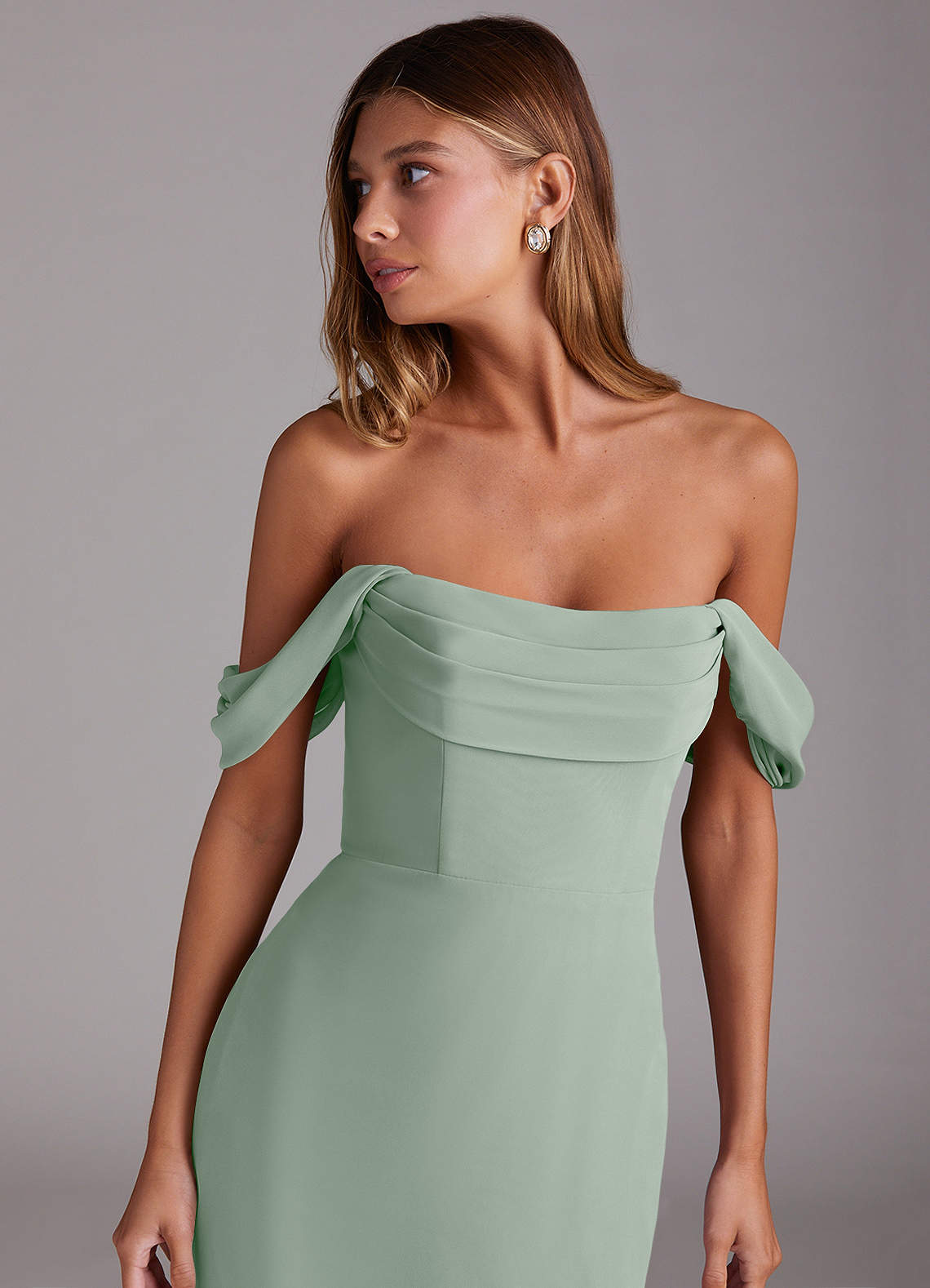 Azazie Saige Bridesmaid Dresses Agave A-Line Off the Shoulder Chiffon Convertible Dress image4