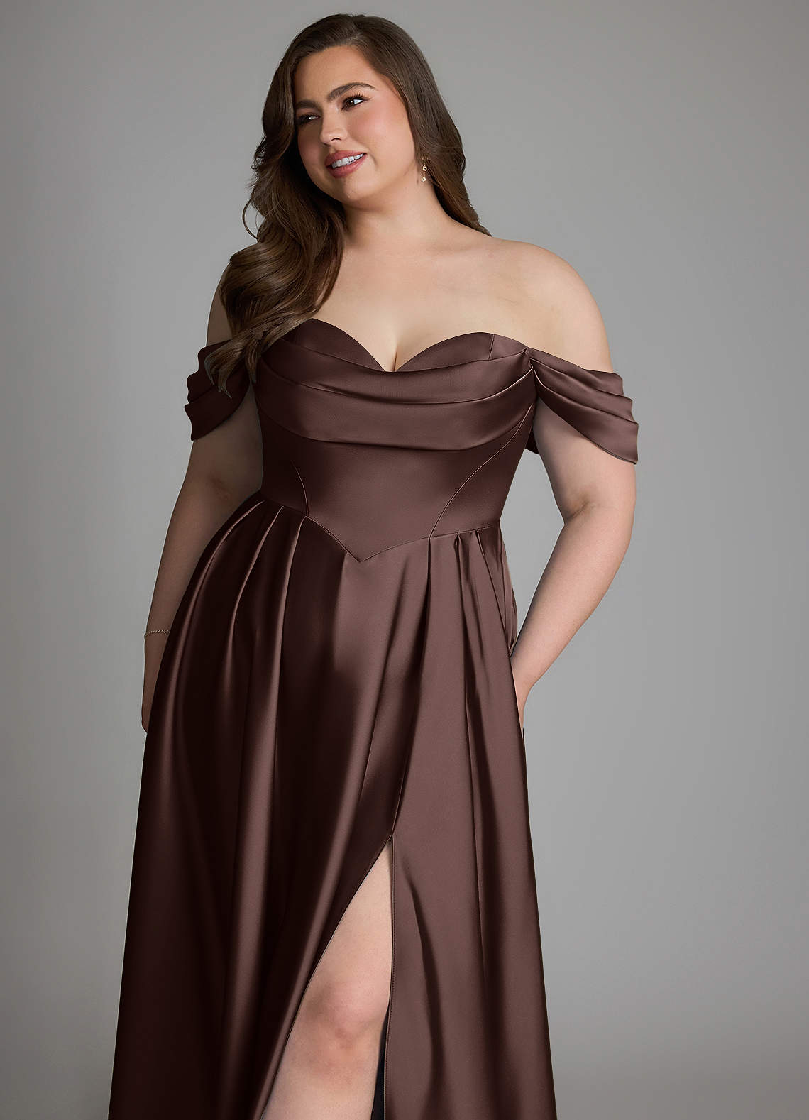 Azazie Loisa Bridesmaid Dresses Ganache A-Line Off the Shoulder Stretch Satin Dress image14