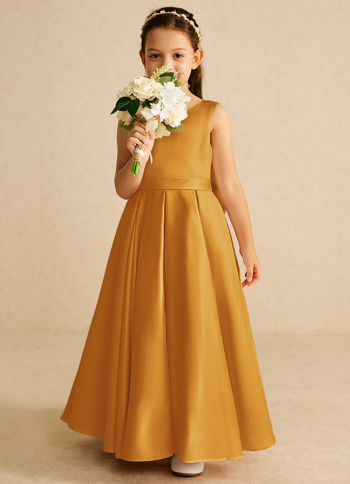 Azazie Pipsy Robe Demoiselle D'honneur Fillette Robe Trapèze en Mat Satiné Arc Caramel écossais image4
