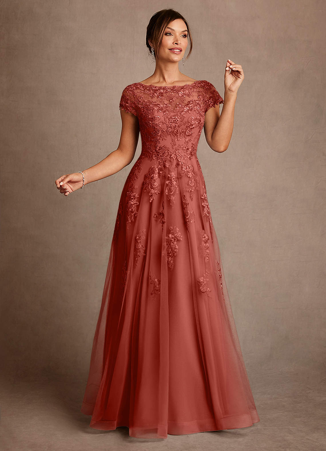 Azazie Jalinda Mère de la mariée Robes Robe Trapèze en Mousseline de soie Dentelle Terracotta image2