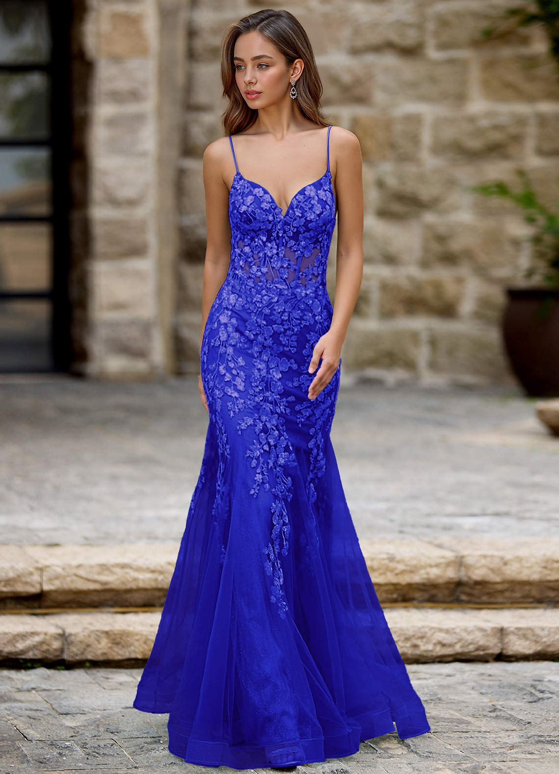 Azazie Ocean Blue Lace Lace Up V Neck Formal Dress