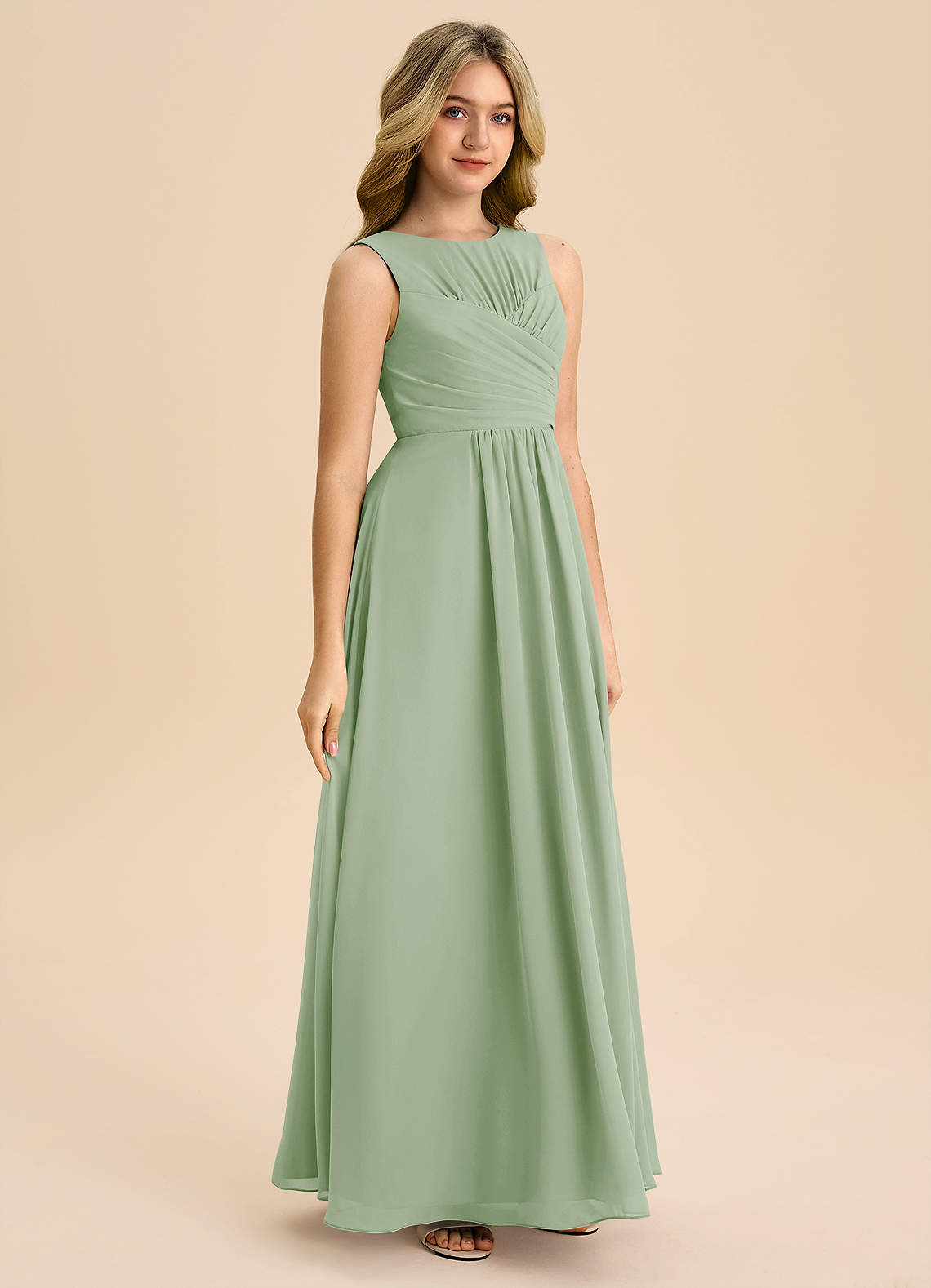 Azazie Skyla Junior Dusty Sage A-Line Pleated Chiffon Dress image3