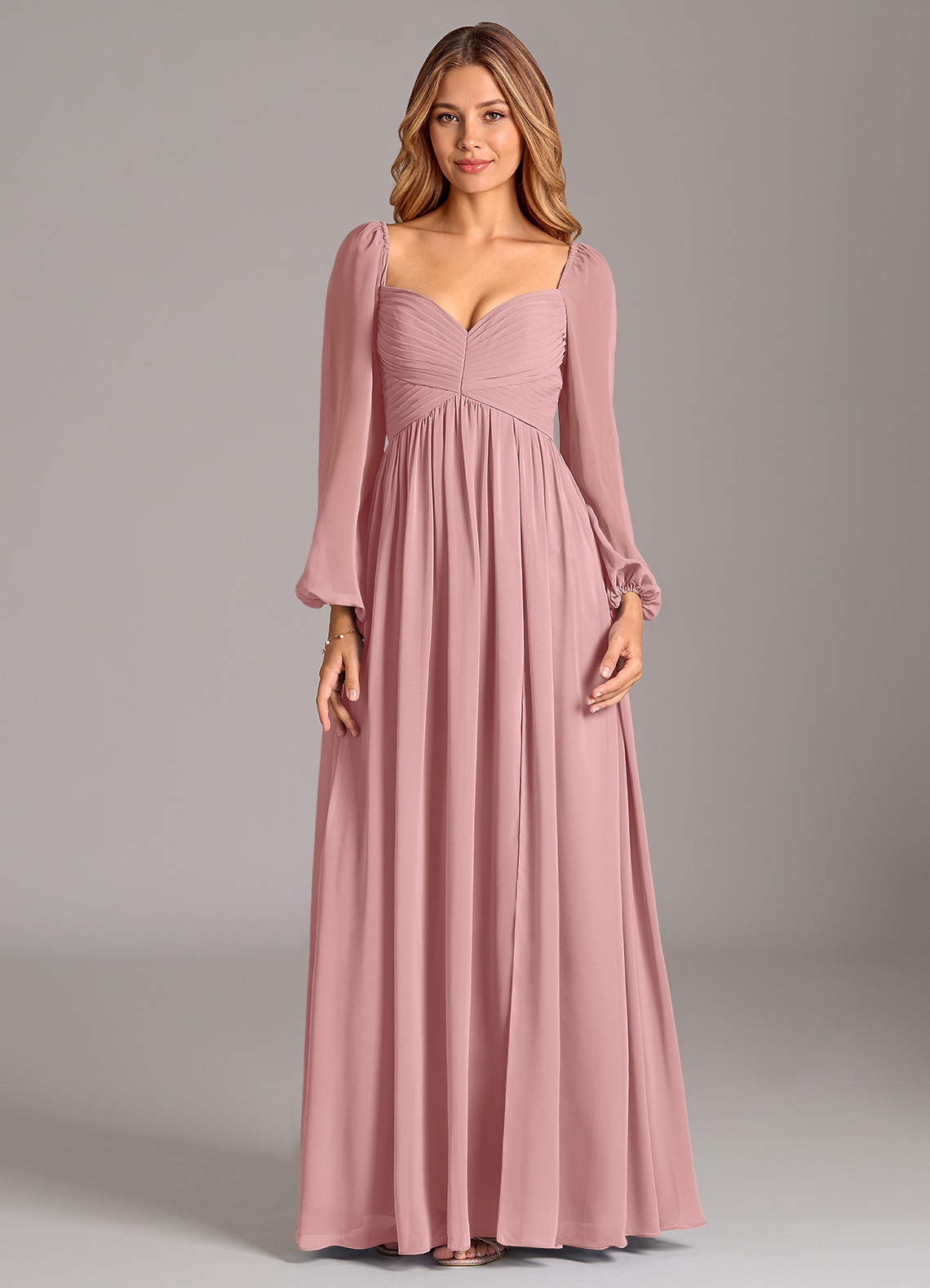 Azazie Bailee At-home Try On Dresses Dusty Rose A-Line Long Sleeve Chiffon Dress image6