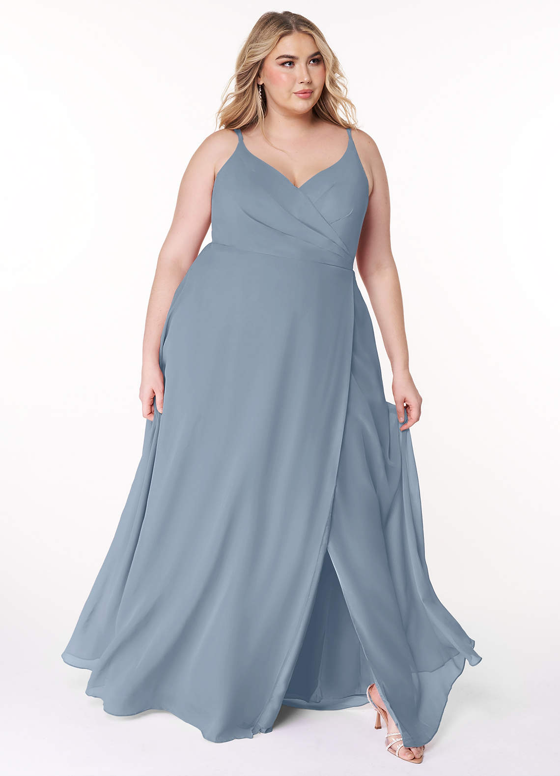 Azazie Lennon Vestidos de madrinha de casamento Vestido Azul Empoeirado de Chiffon de Linha A com Renda image8