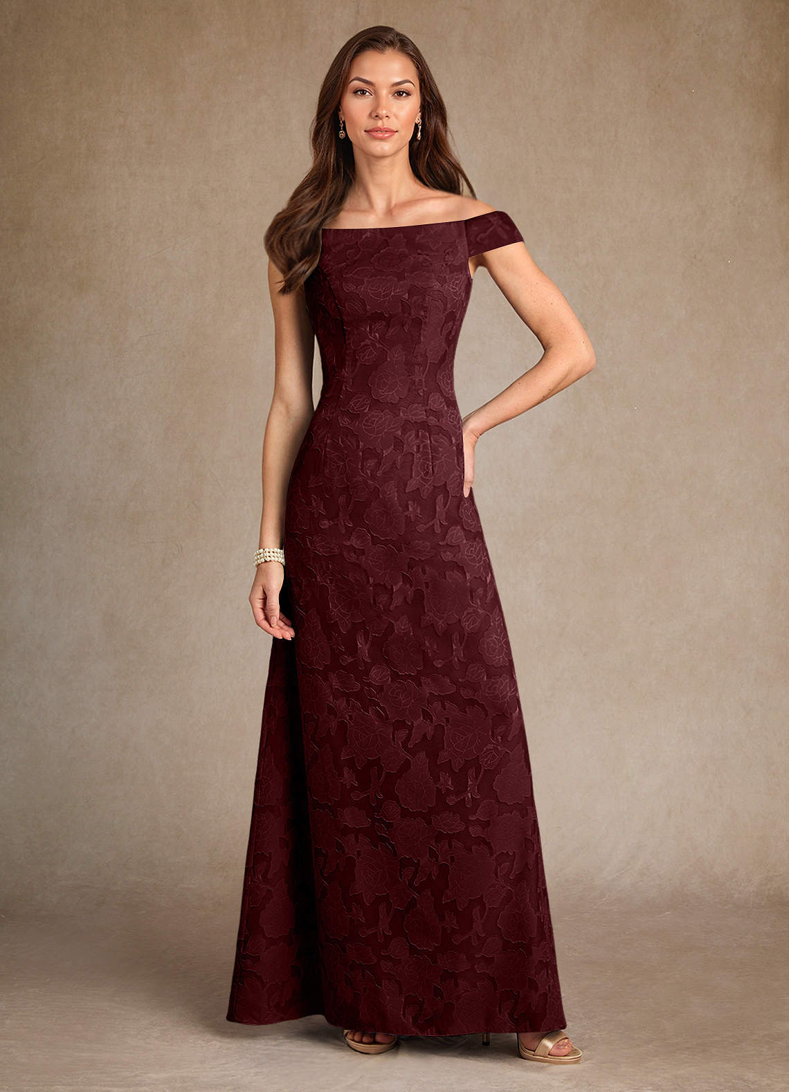 Azazie Moore Mother of the Bride Dresses Cabernet A-Line Boatneck Floral Burnout Dress image1