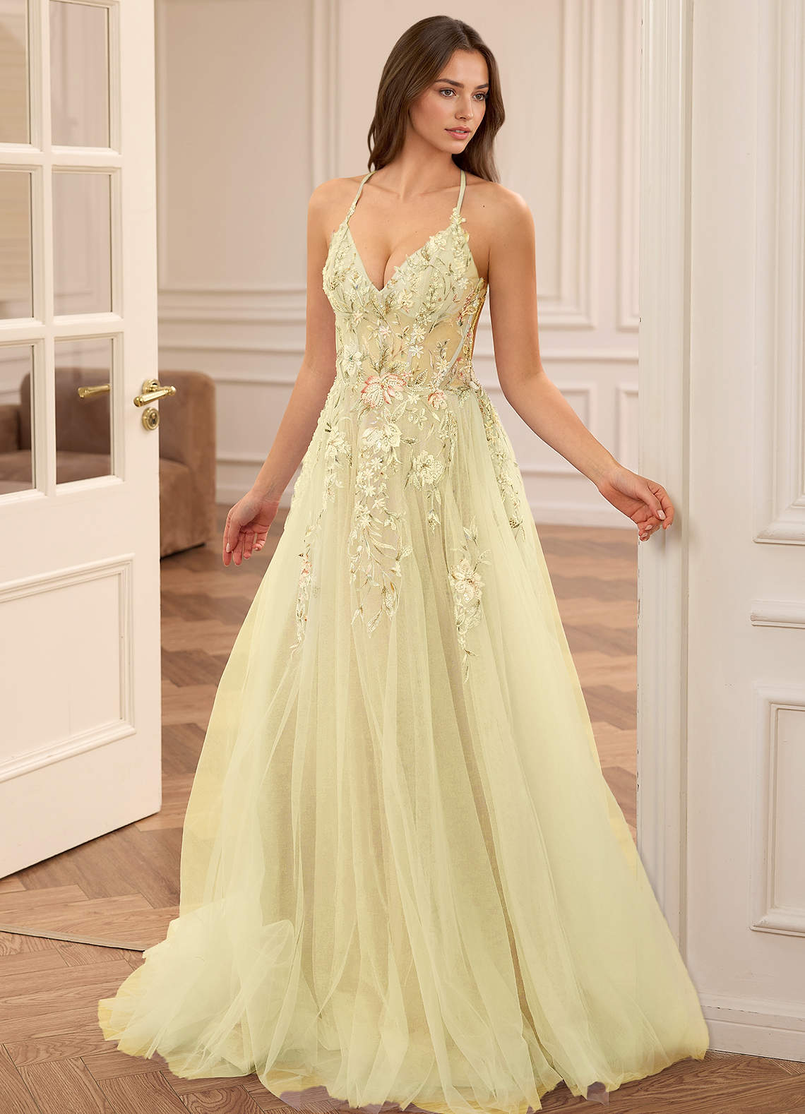 green emerald velvet dress Elegant Yellow Floral Dress A-Line Sequined Long Formal Dress – FancyVestido main image 0