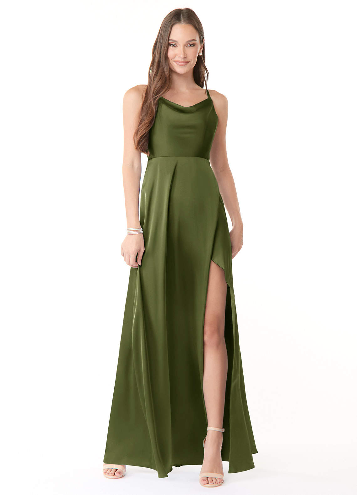 Azazie Naomie Bridesmaid Dresses Olive A-Line Cowl Neckline Side Slit Stretch Satin Dress image1