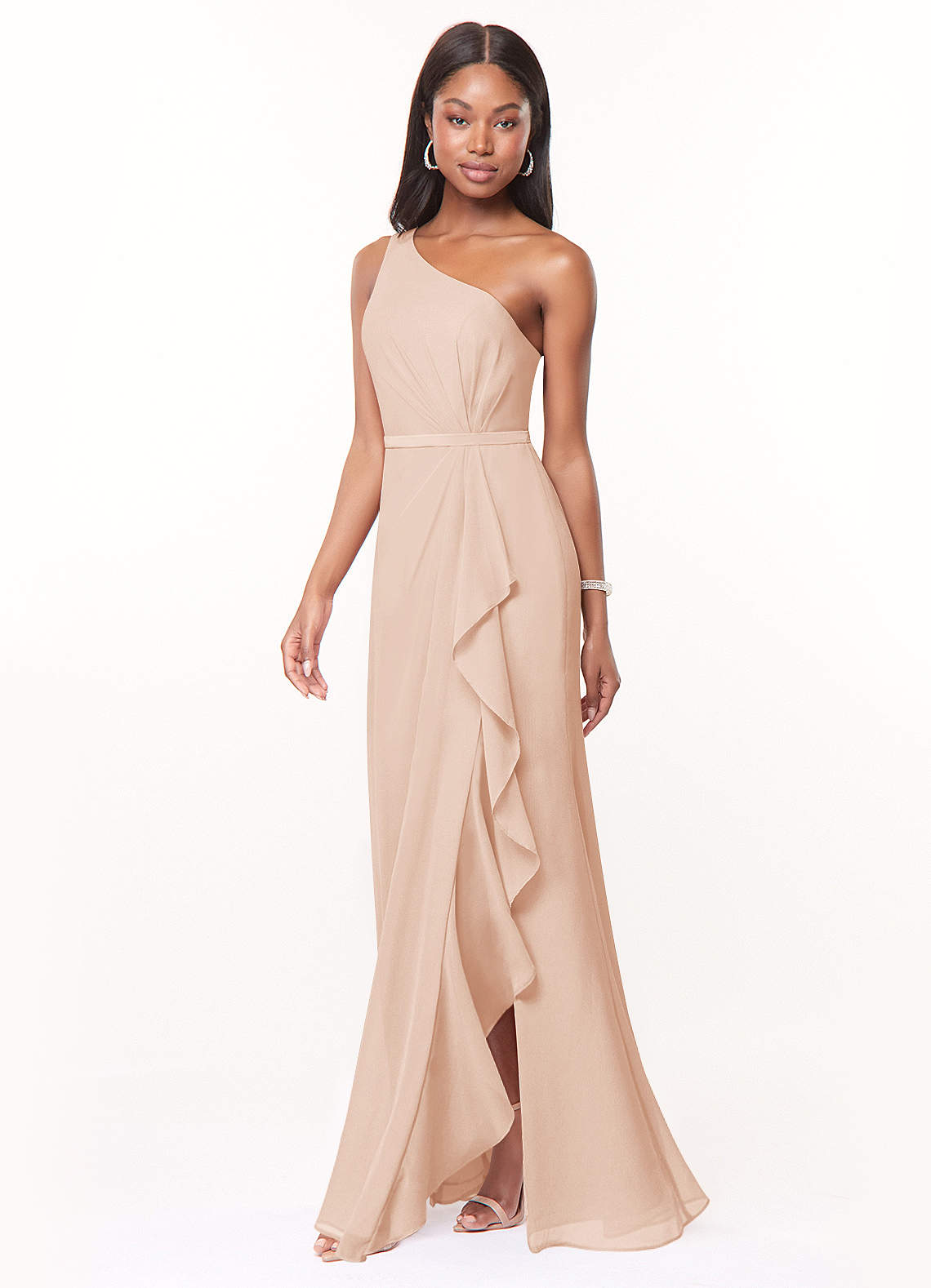 open lace back dress One Shoulder Chiffon Long Bridesmaid Dress with Slit