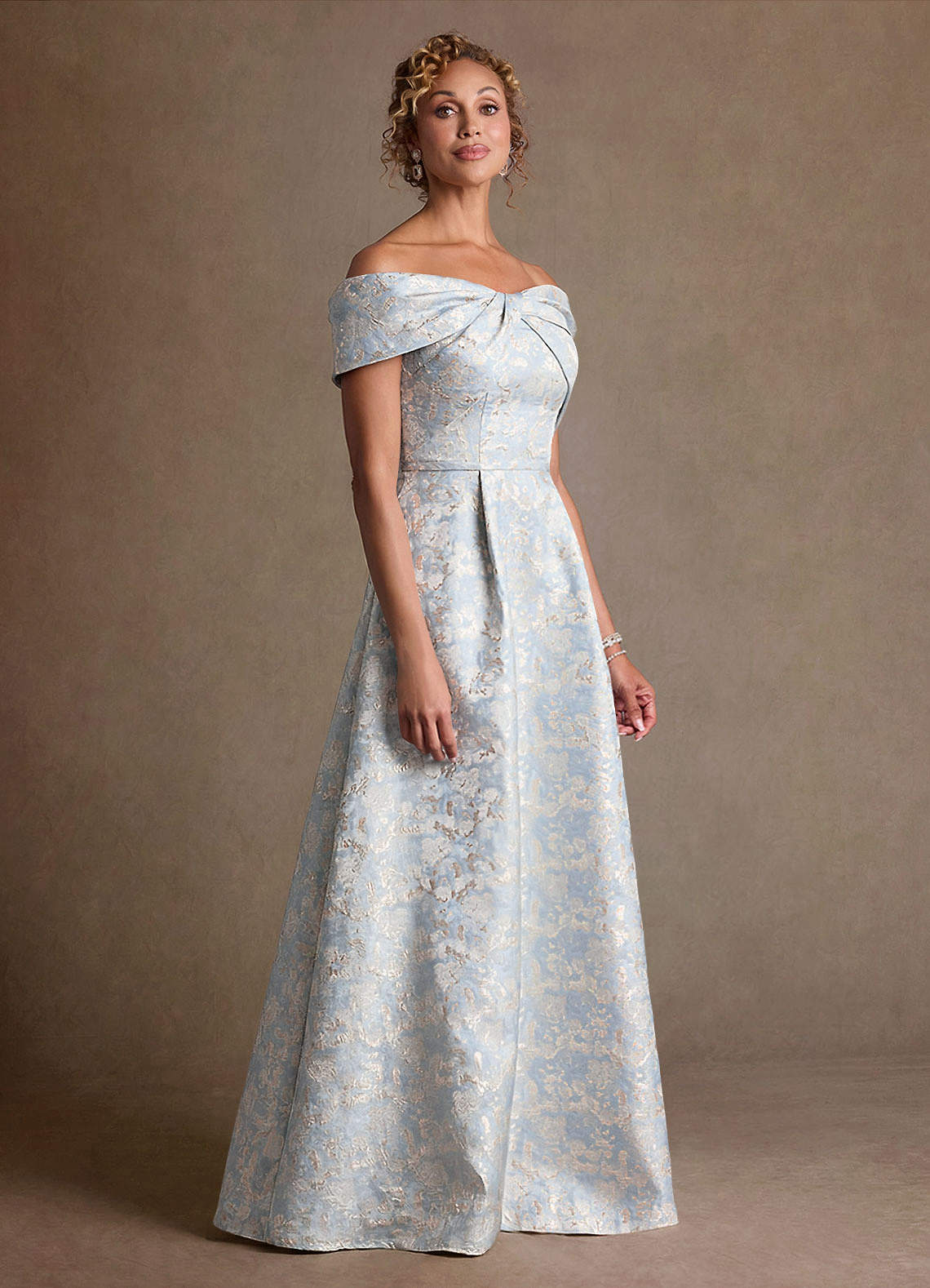 Azazie Harriett Mother of the Bride Dresses Dusty Blue A-Line Off the Shoulder Floral Jacquard Dress image1
