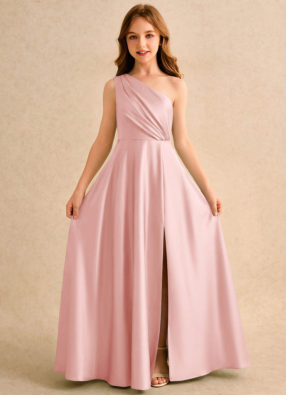 Azazie Puddles Girls Formal Flower Girl Klänningar Klänning A-Line i Stretch Satin One-shoulder image4