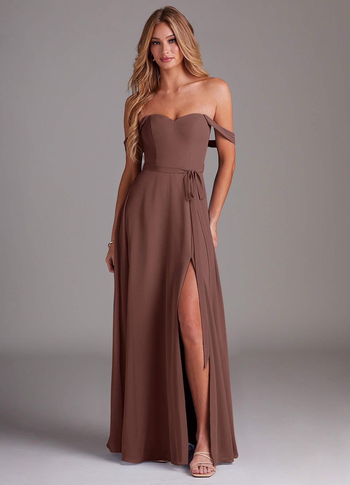 Azazie Aaron Bridesmaid Dresses Espresso A-Line Off the Shoulder Chiffon Convertible Dress image1