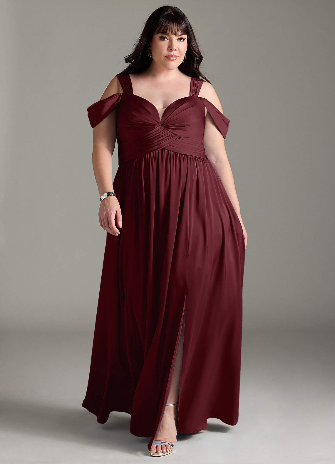 Azazie Lianne Brautjungfernkleider A-Linie Schulterfrei Stretch-Satin Kleid Cabernetrot image1
