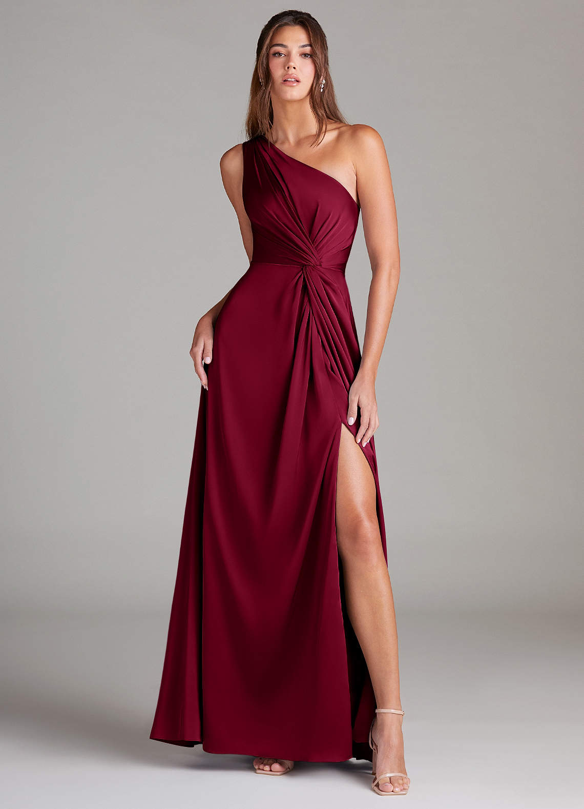 Azazie Brooke Bridesmaid Dresses Burgundy A-Line One Shoulder Stretch Satin Dress image1