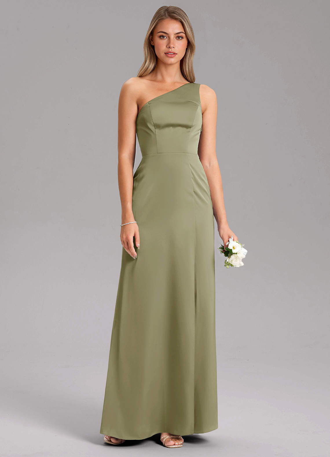 Azazie Phaedra Vestidos de damas de honor Vestido de Pistacho de Satén Elástico de Corte en A con Hombro unilateral image6