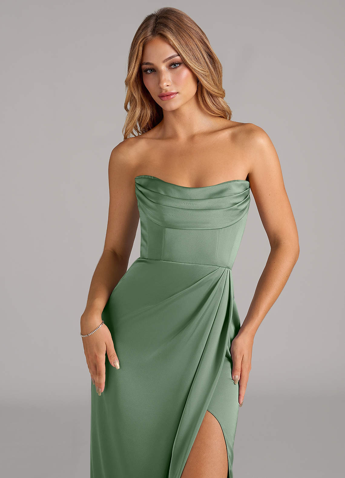 Azazie Johana Bridesmaid Dresses Matcha Mermaid Off the Shoulder Stretch Satin Convertible Dress image4