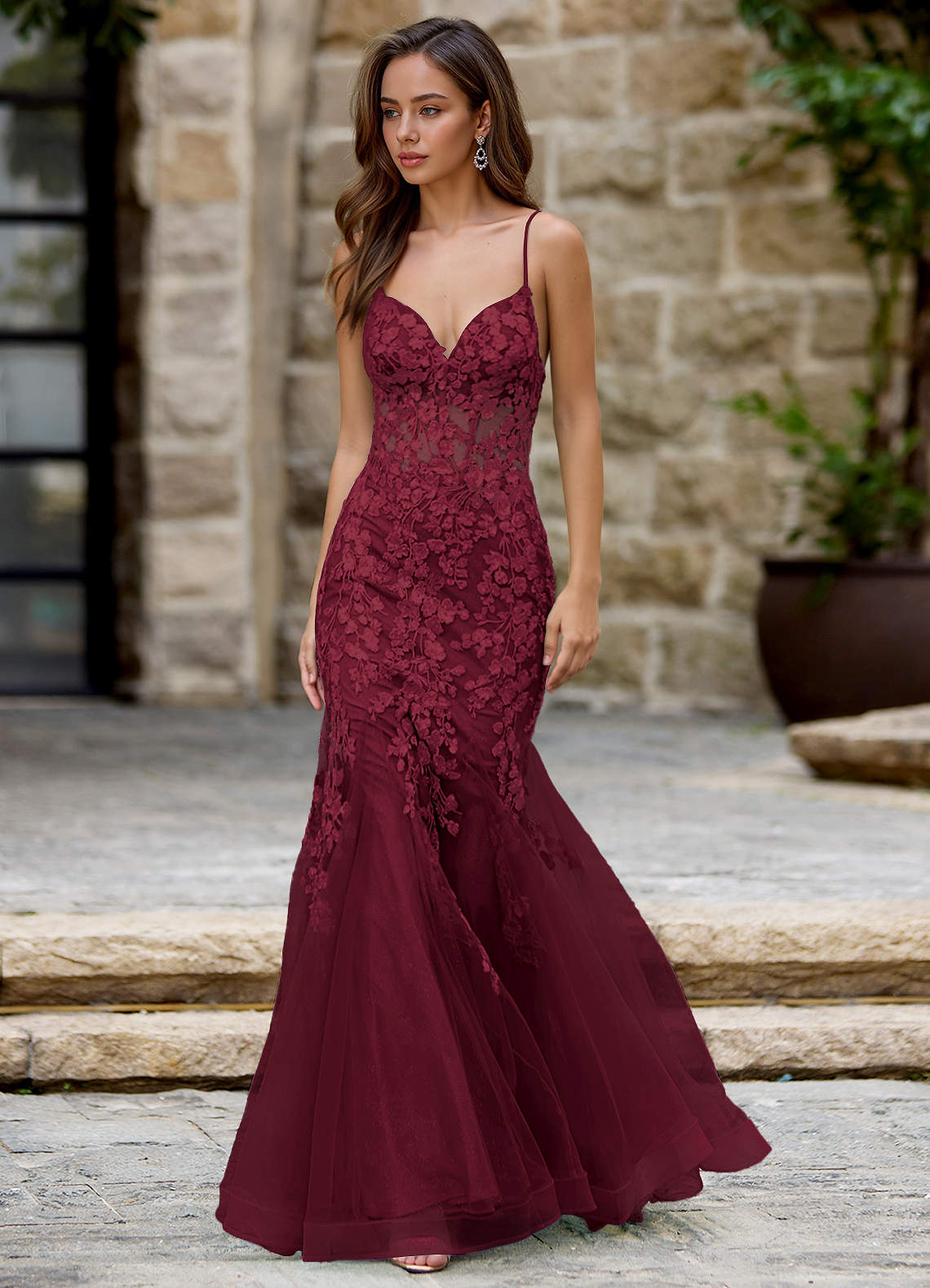 knee length dresses for ladies Malia Red Mermaid V Neck Glitter Satin Prom Dress main image 1