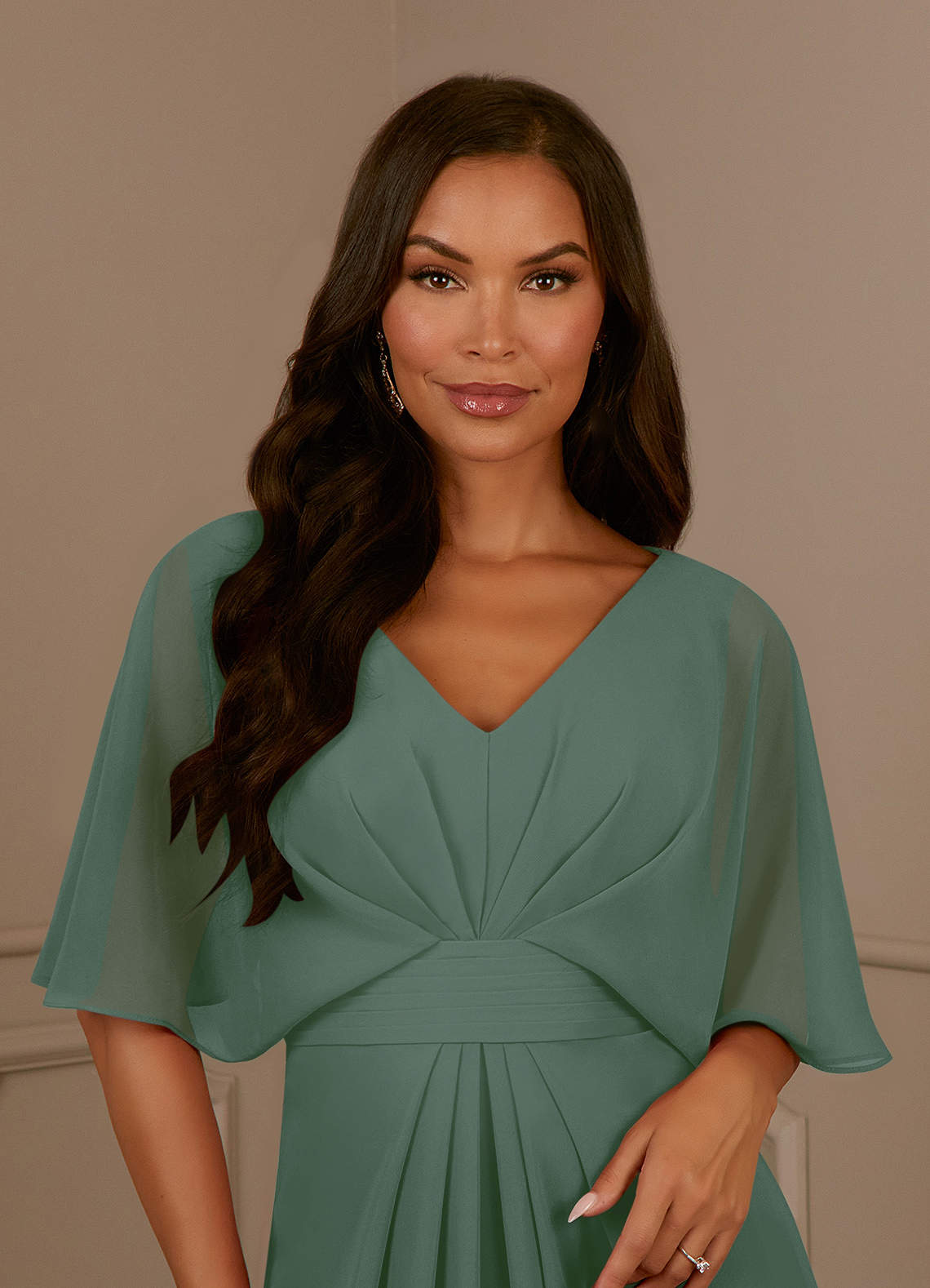 Azazie Oksana Eucalyptus A-Line V-Neck Pleated Chiffon Dress | Azazie