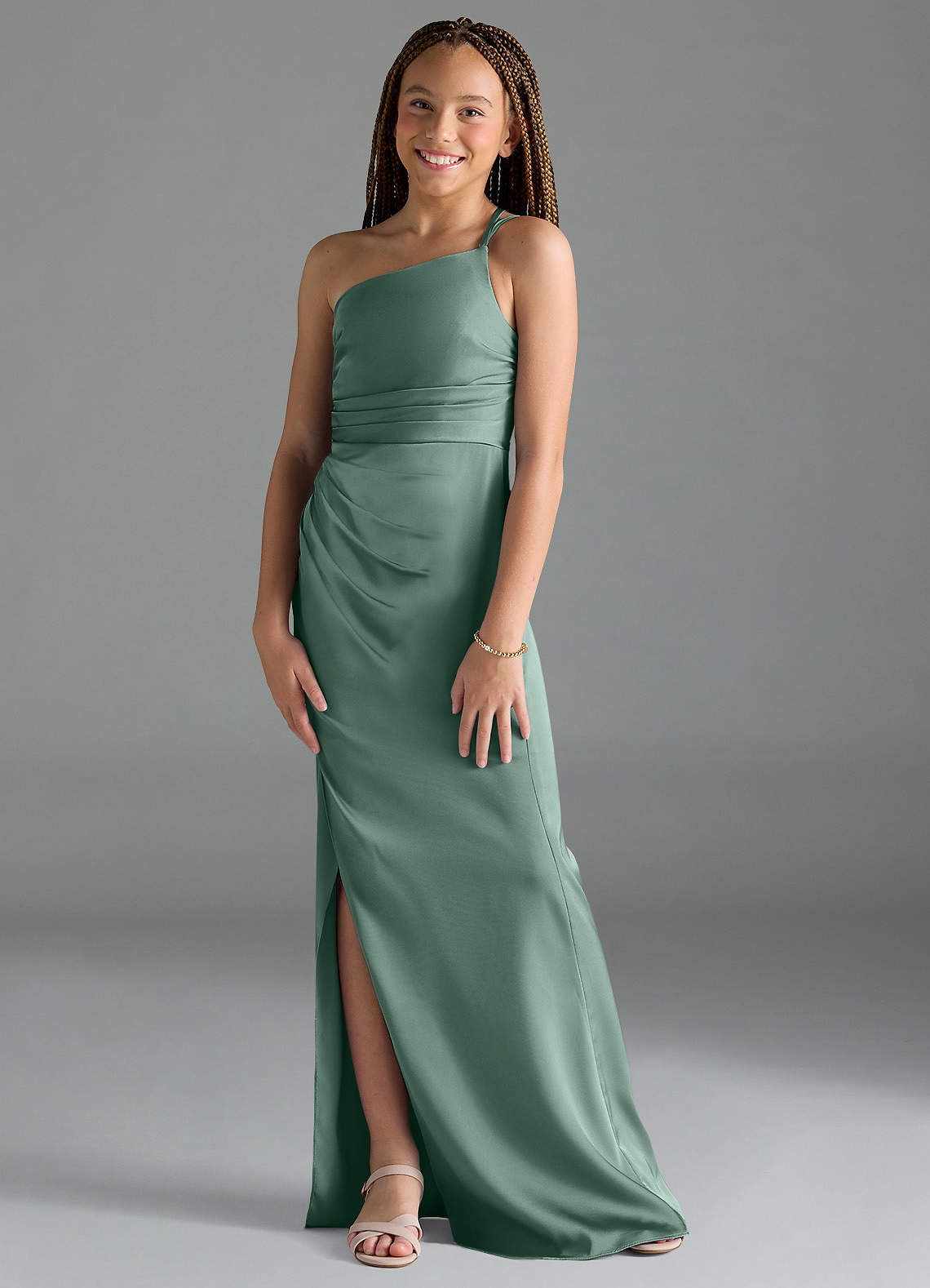Azazie Eren Junior Vestido Eucalipto de Cetim elástico de Bainha com Plissado image1