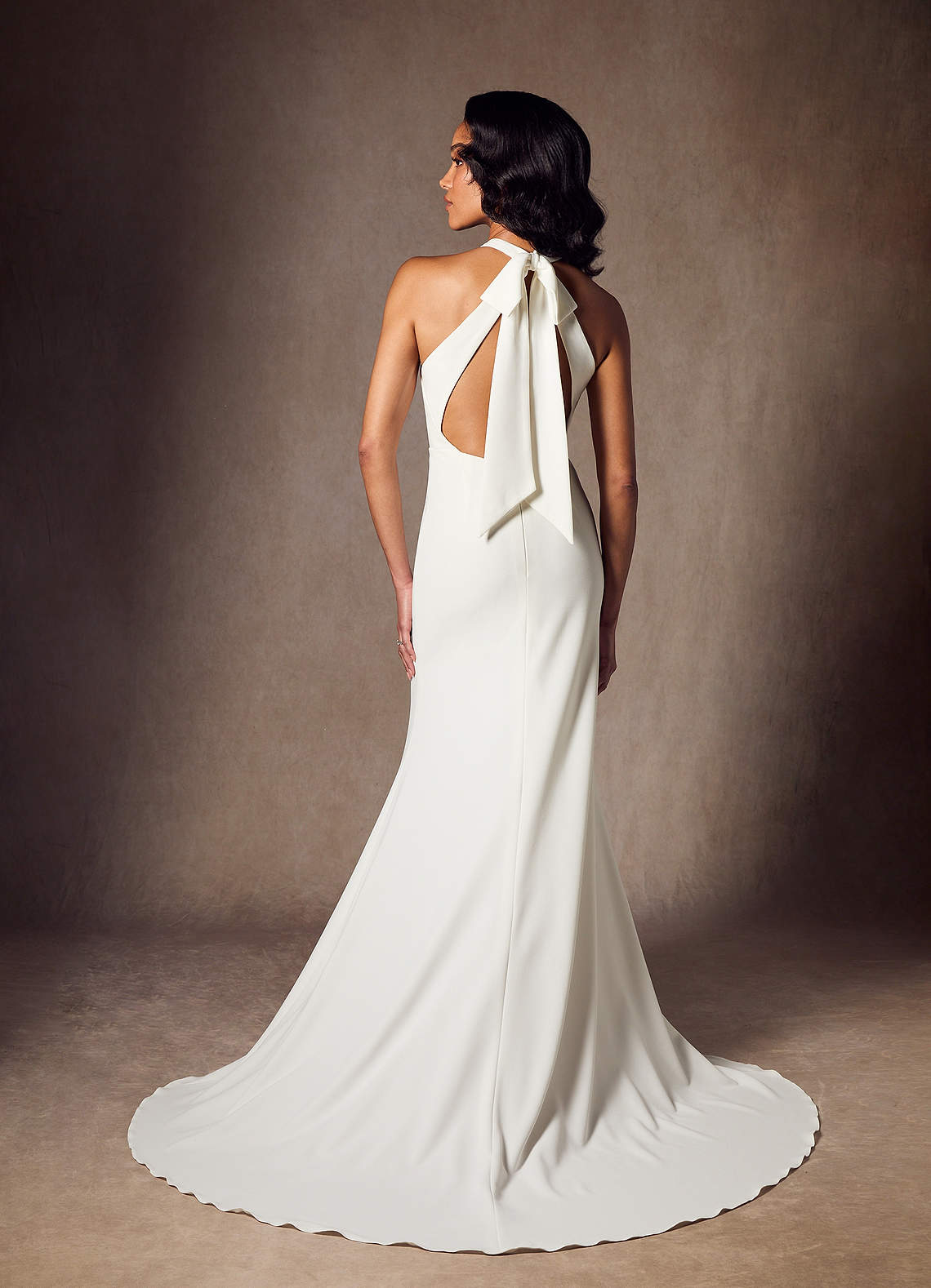 Azazie 2025 Sheath Modern White Elegant Wedding Dress Bows Chapel Train Stretch Crepe Halter Neck Bows Azazie Aerith Diamond White Sheath Bow Stretch Crepe Dress | Azazie