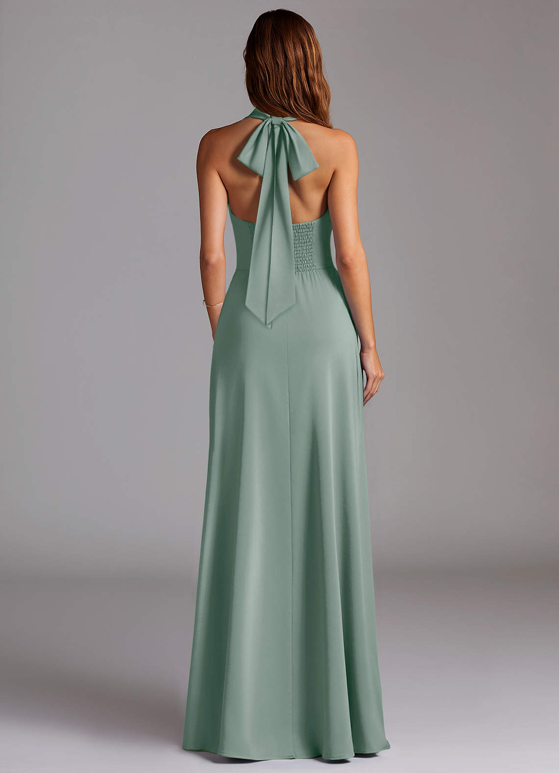 Azazie Myra Kjoler til hjemmeprøvning En streg Høj hals Stræk satin Gulv-længde Kjole image5