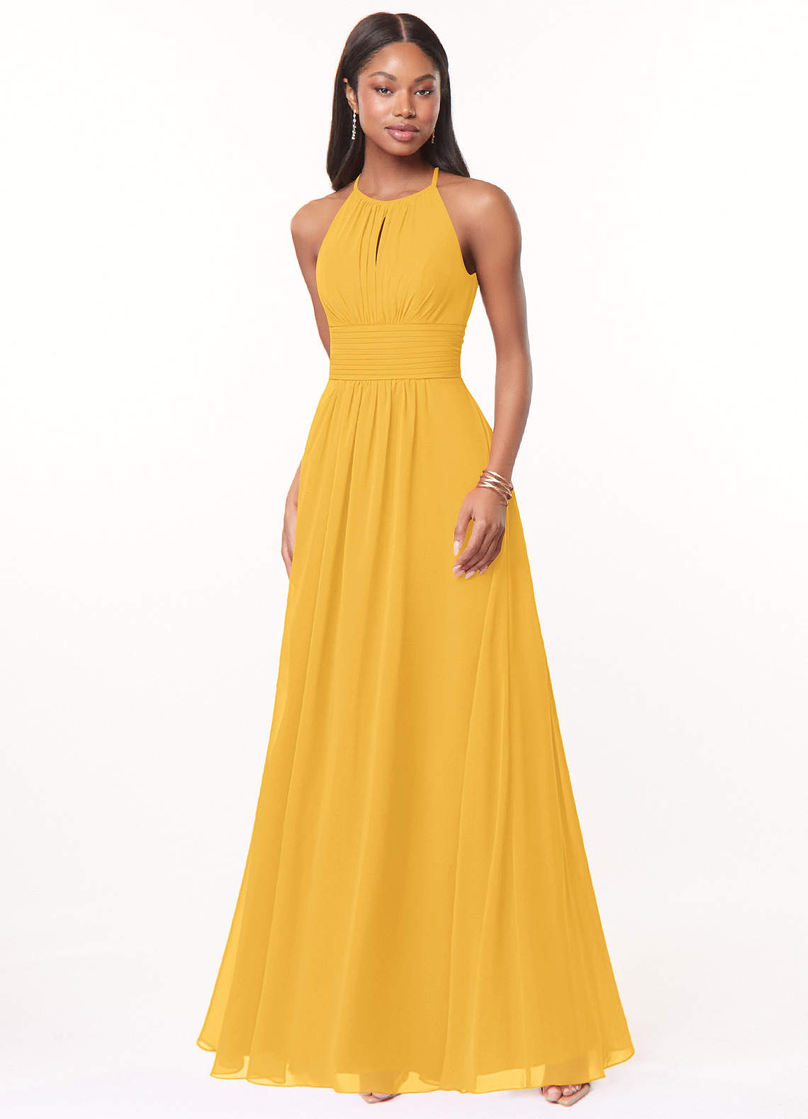 Azazie Bonnie Bridesmaid Dresses Marigold A-Line Keyhole Ruched Chiffon Dress image1