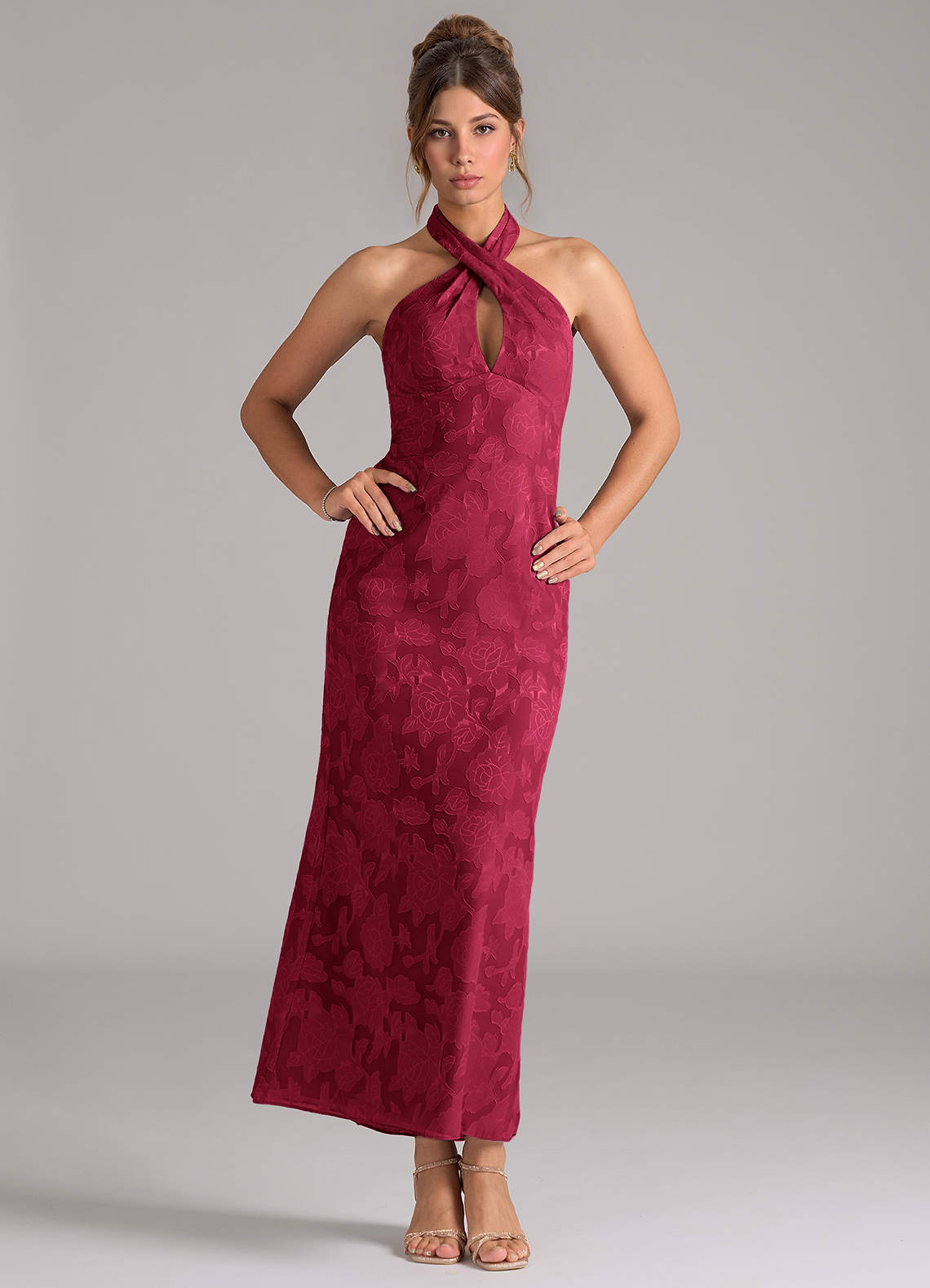 Azazie Marlissa 신부 들러리 드레스 쉬스 주름진 플로럴 번아웃 발목 길이 드레스 image1