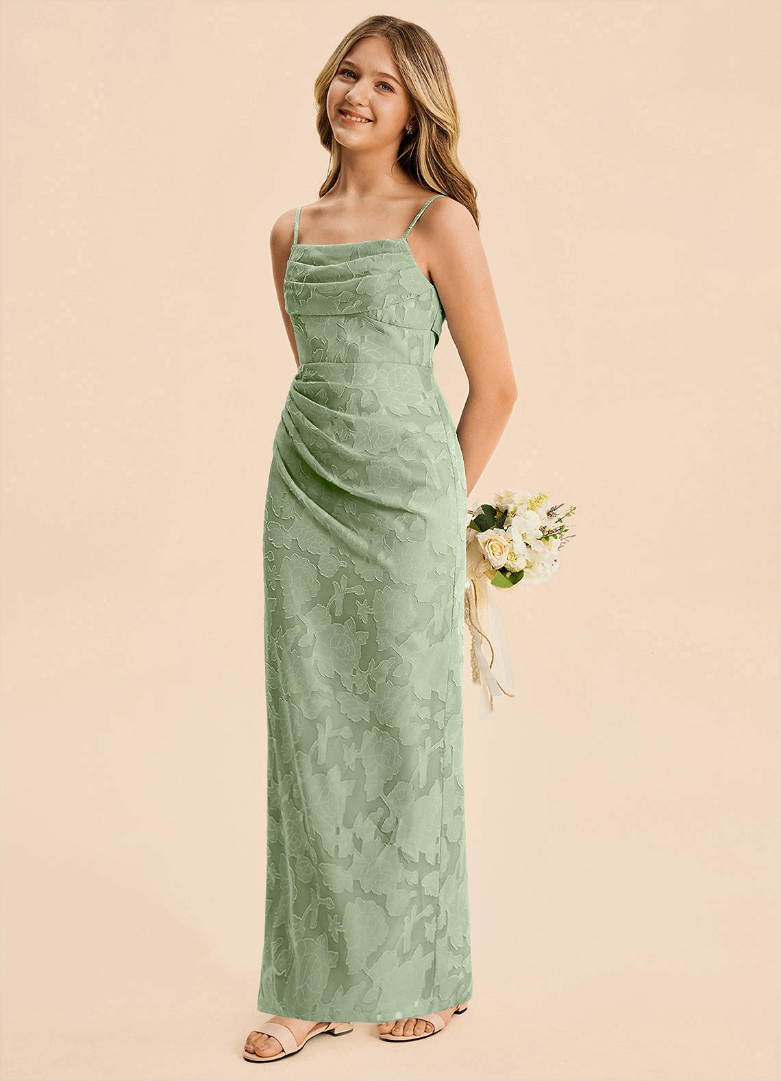 floral junior bridesmaid dresses Sage Le Fleur Dress Chiffon Size Large it has side Adjustable Spaghetti Strap Floral Satin