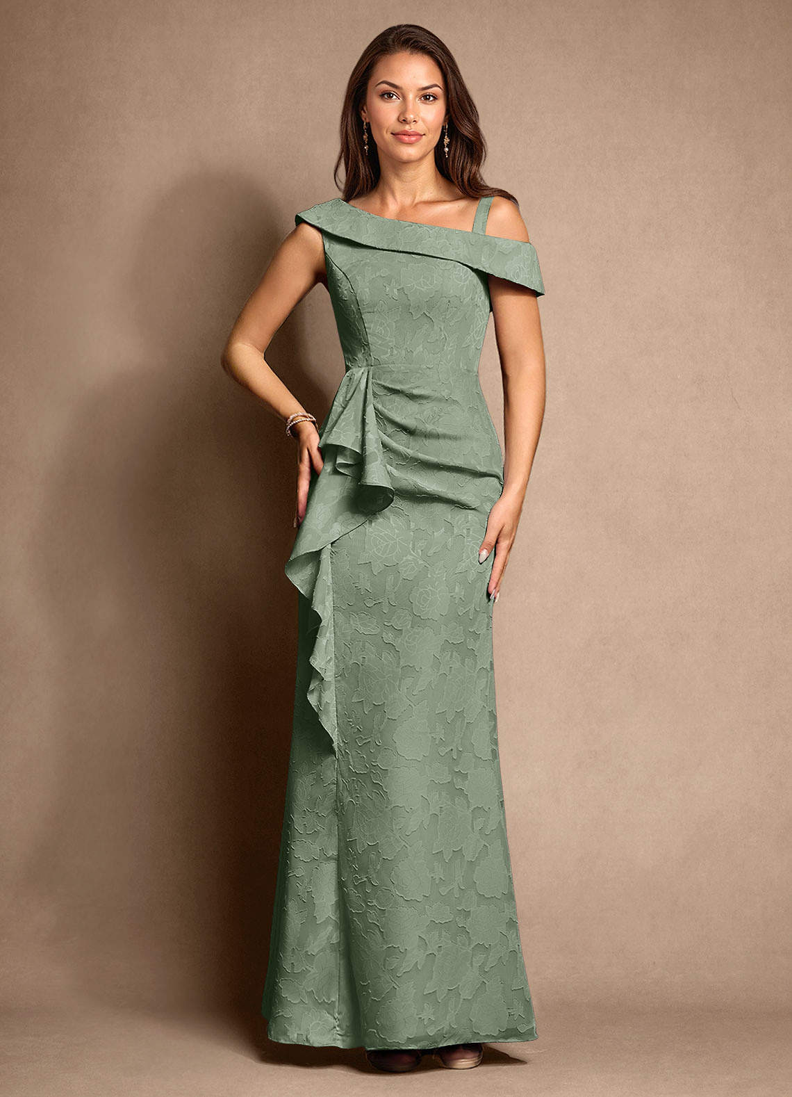 Azazie Hamptons vestidos de madre de la novia Vestido de Matcha de Devorado Floral de Corte En A con Plisado image5
