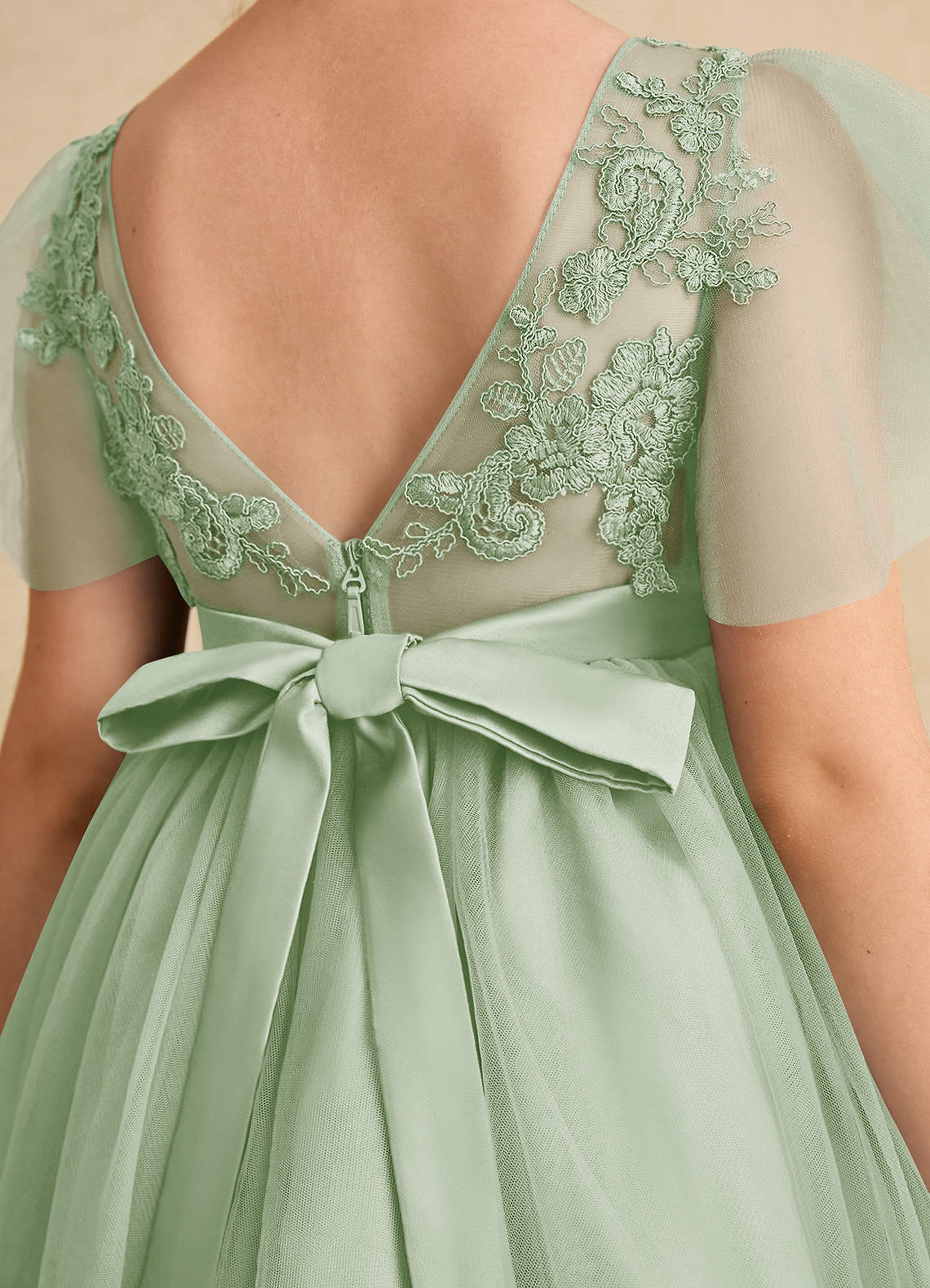 Azazie Queenie Flower Girl Dresses Dusty Sage A-Line Lace Dress image5