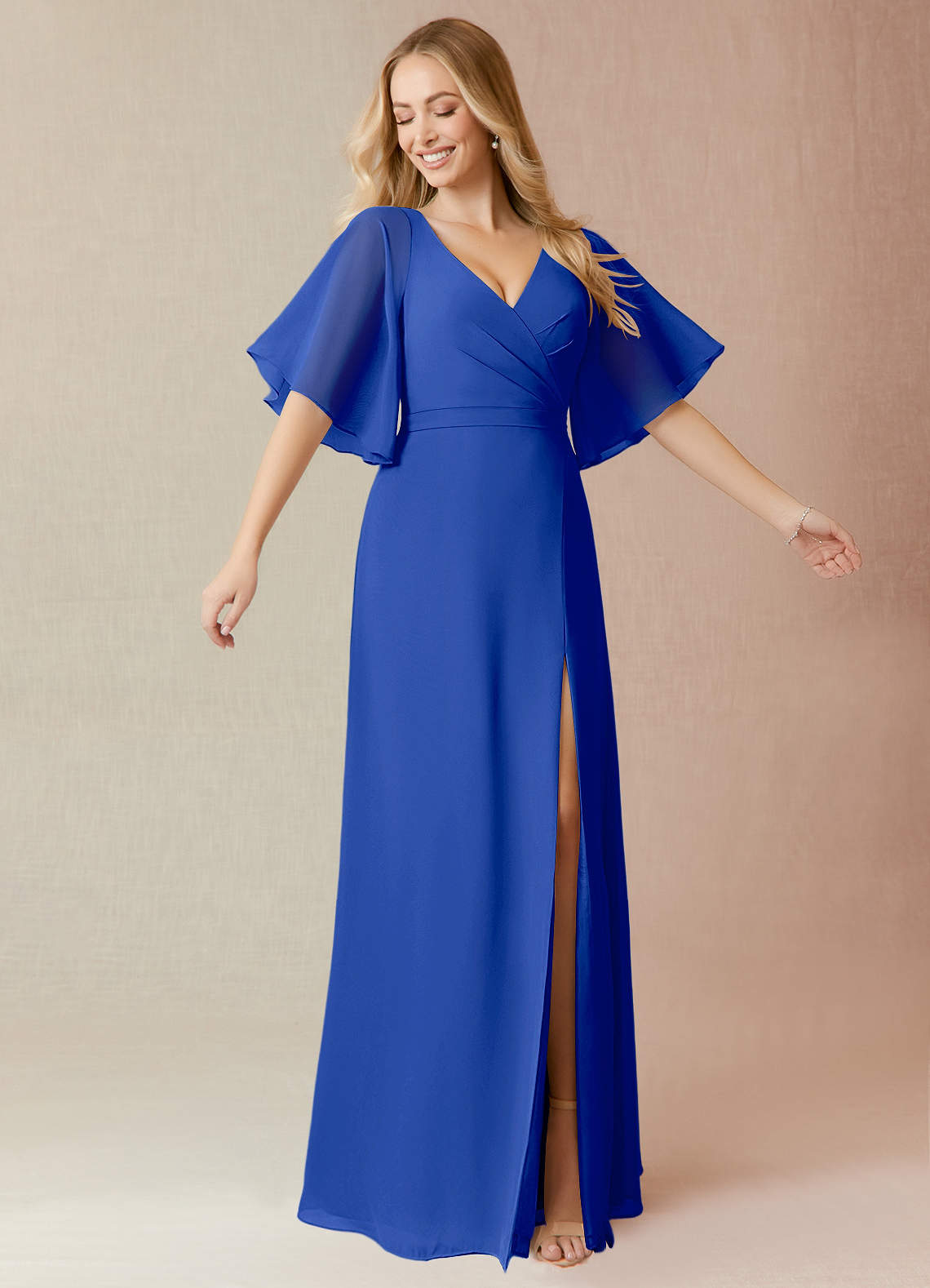 Azazie Cierra Robes de demoiselle d'honneur Robe Trapèze en Mousseline de soie Col en V Bleu Roi image1