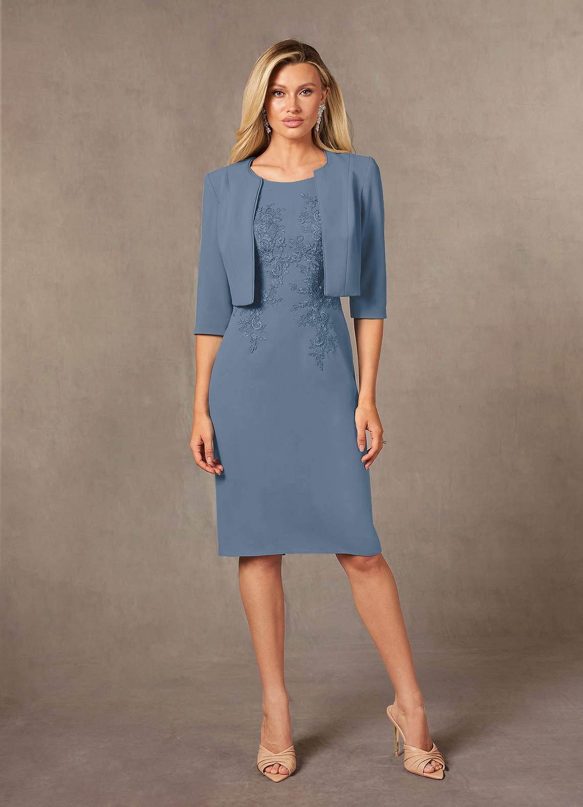 Azazie Ryne Mother of the Bride Dresses Dusty Blue Sheath Lace Dress image1