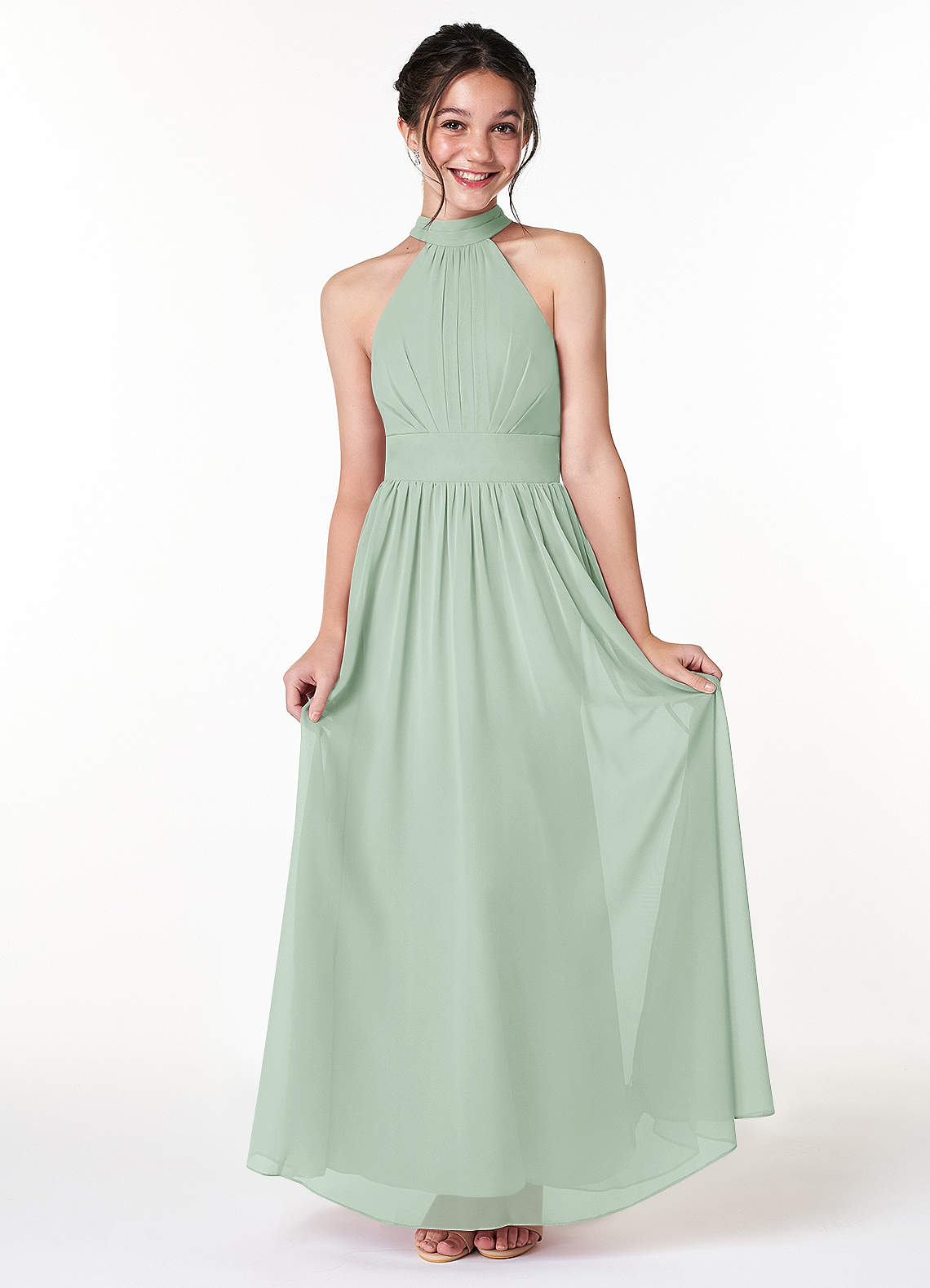 Azazie Iman Junior Agave A-Line Pleated Chiffon Dress image1