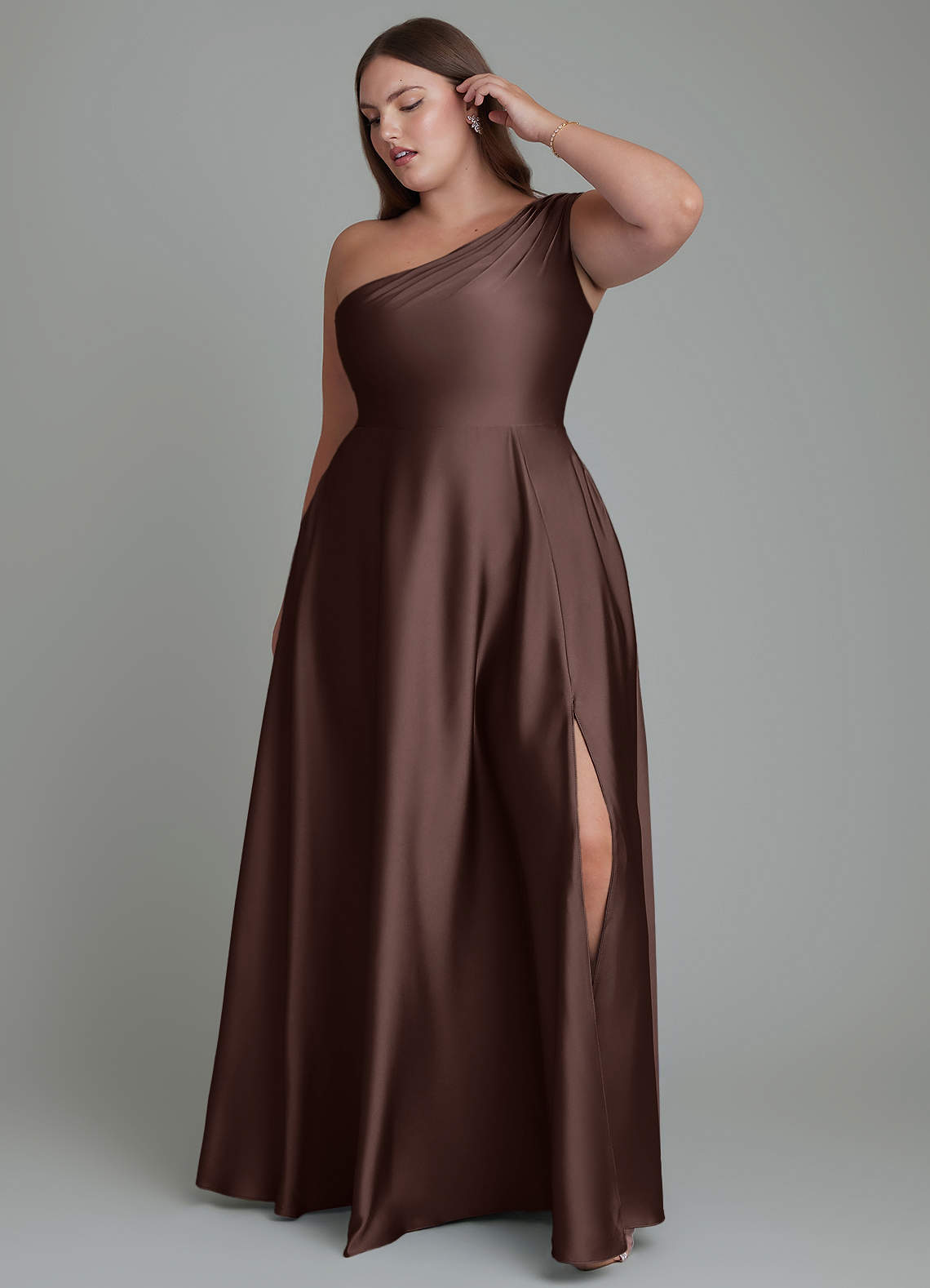 Azazie Melanie Bridesmaid Dresses Ganache A-Line Off the Shoulder Stretch Satin Dress image8