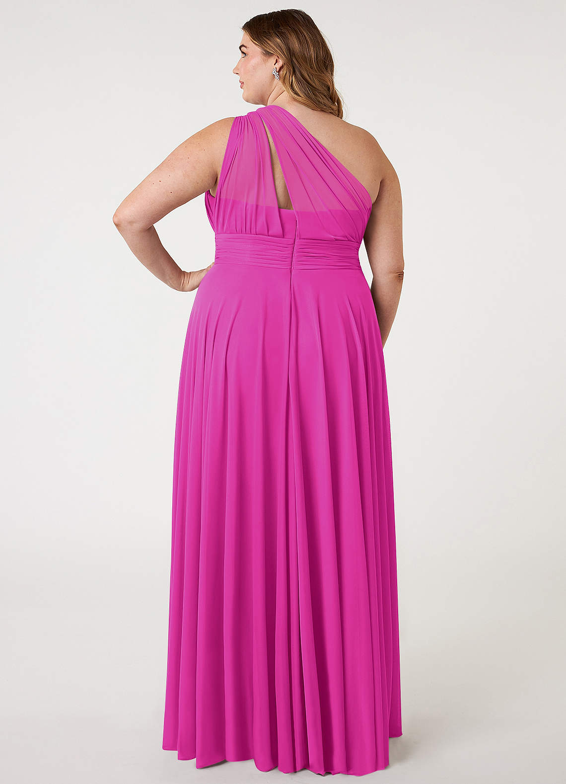 Azazie Charlize Vestidos de damas de honor Vestido de Fucsia de Malla de Corte en A con Hombro unilateral image6