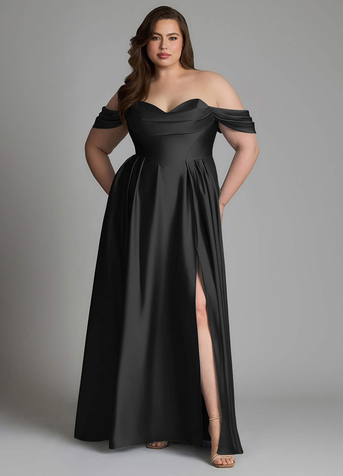 Azazie Loisa Bridesmaid Dresses Black A-Line Off the Shoulder Stretch Satin Dress image9