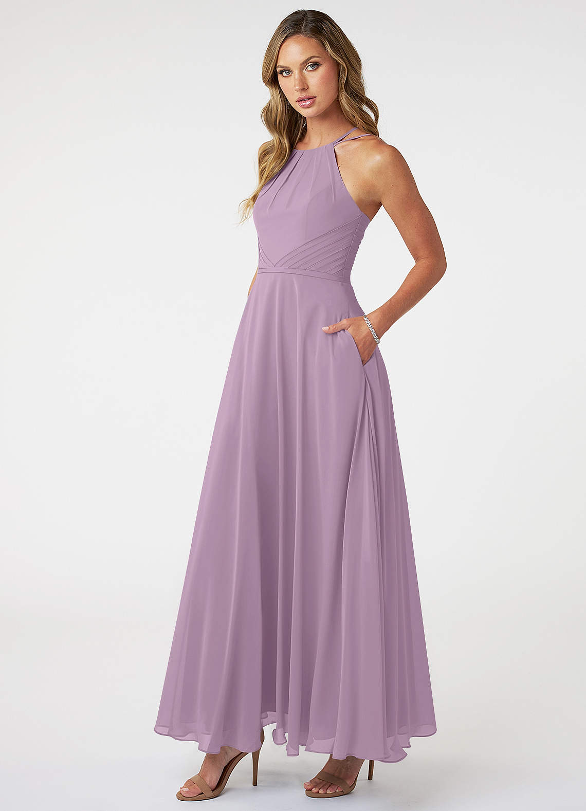Azazie Melinda Bridesmaid Dresses A-Line Pleated Chiffon Floor-Length Dress image1