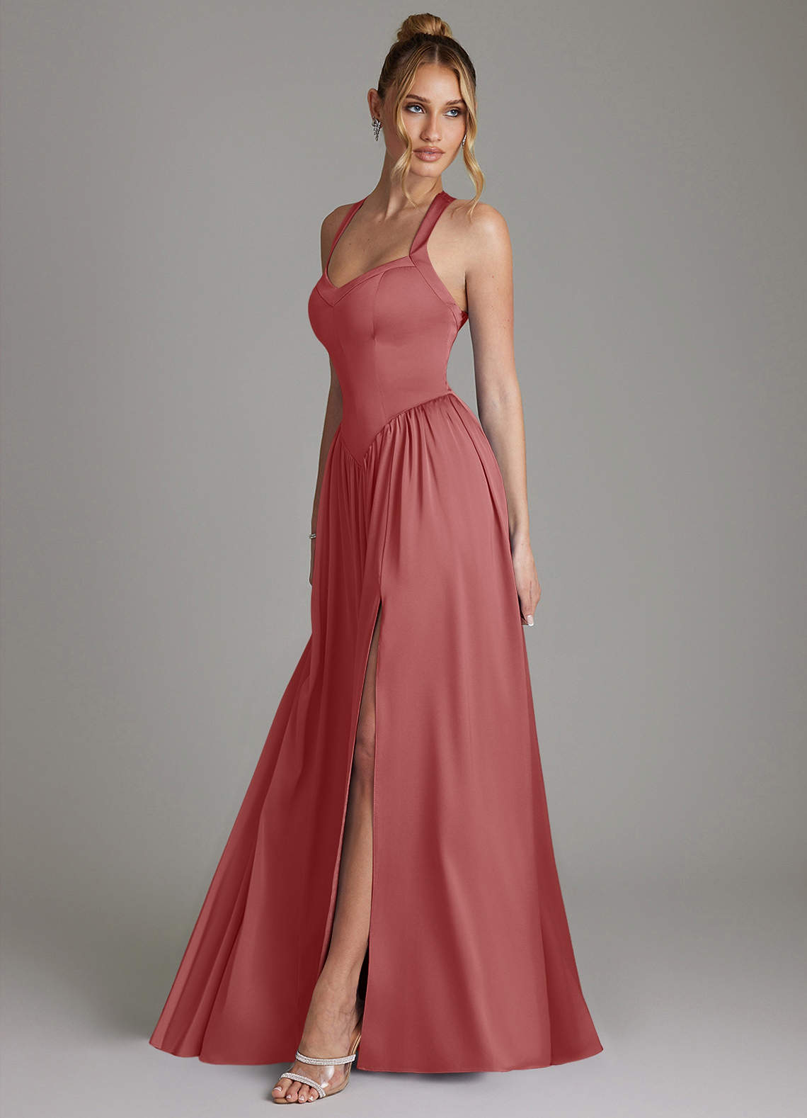 vintage rose pink bridesmaid dresses Azazie Francis Antique Rose Stretch Satin Bridesmaid Dresses
