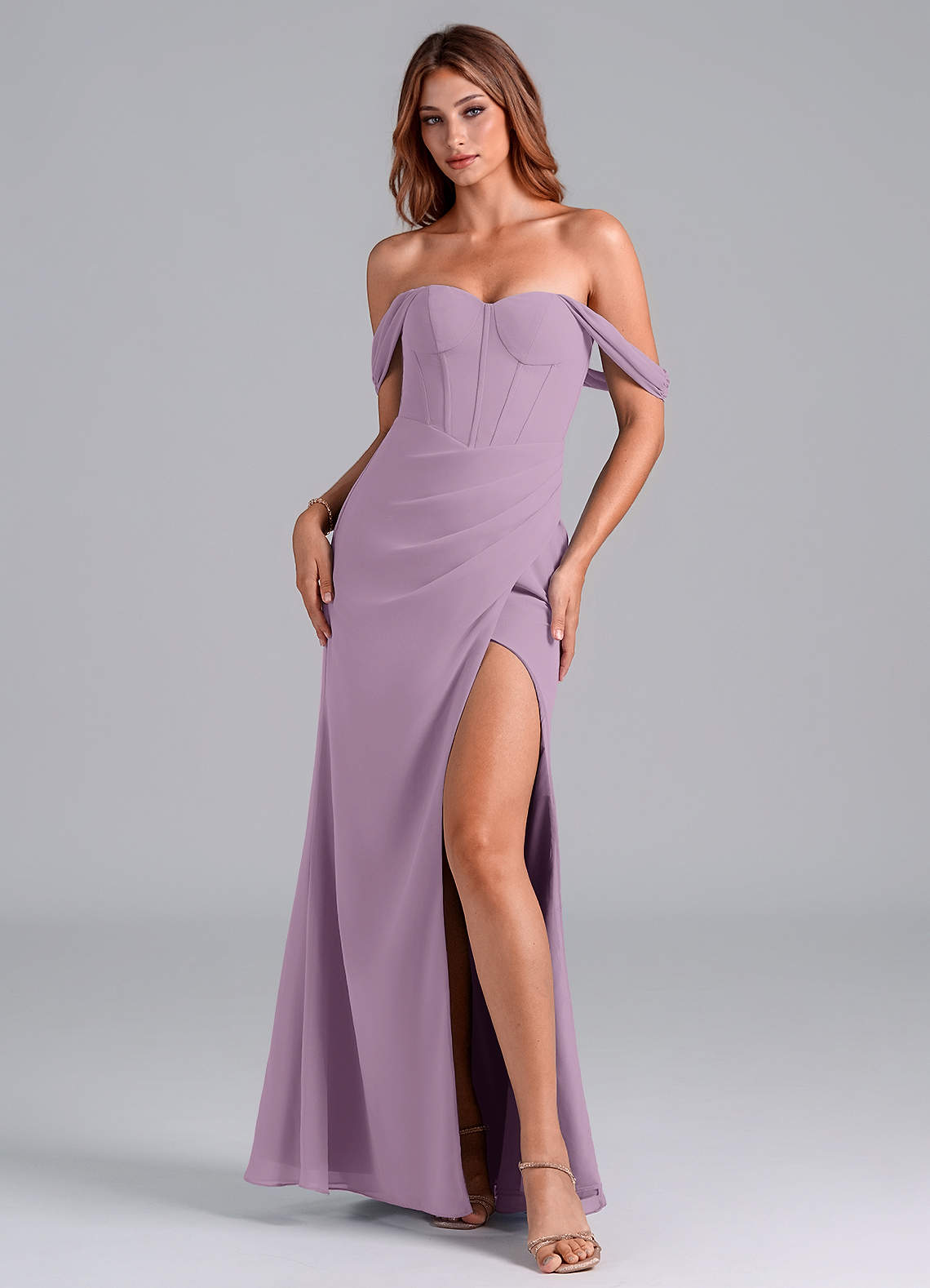 Azazie Asha Bridesmaid Dresses Wisteria Sheath Off the Shoulder Chiffon Convertible Dress image1