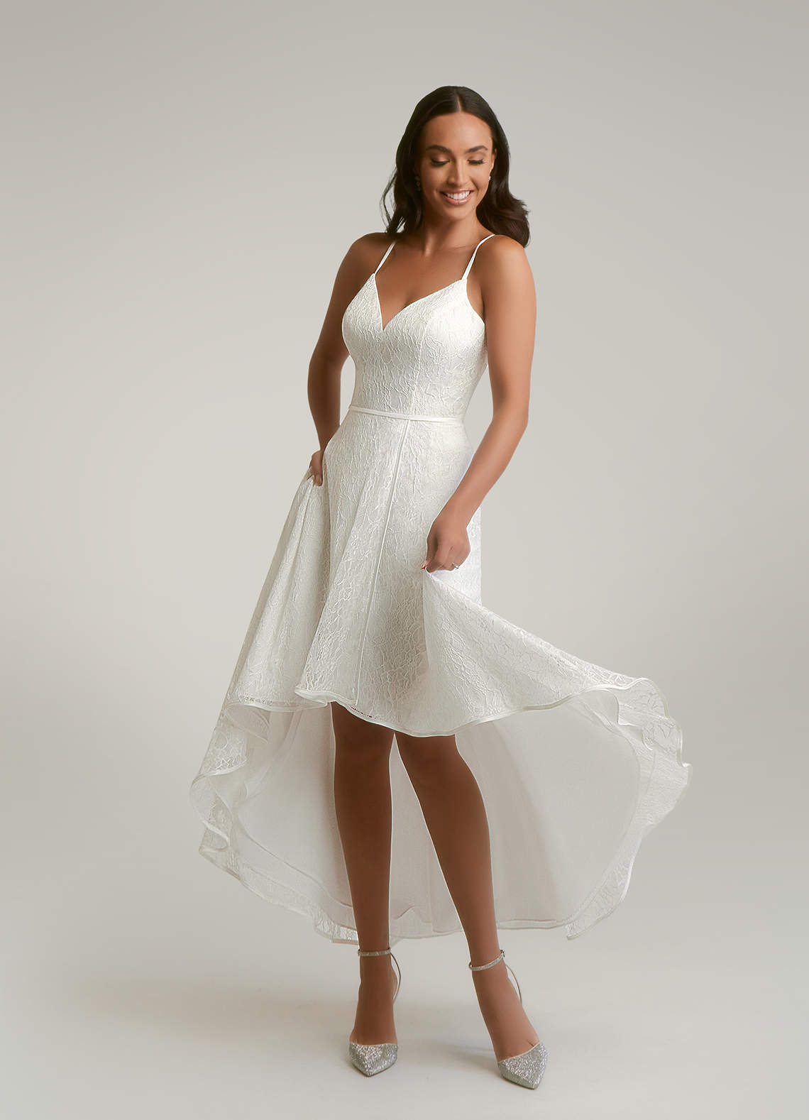 Azazie Emi Wedding Dresses A-Line Lace Matte Satin Asymmetrical Dress image1