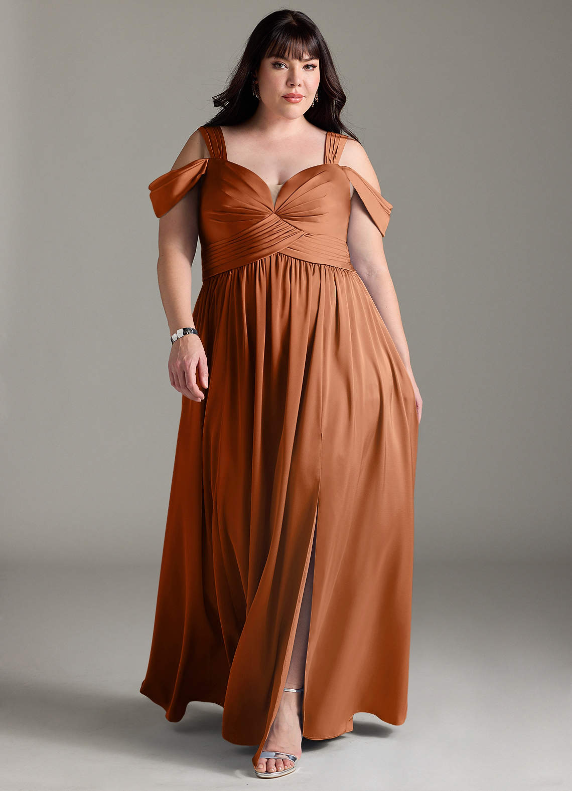 Azazie Lianne Bridesmaid Dresses Copper A-Line Off the Shoulder Stretch Satin Dress image1