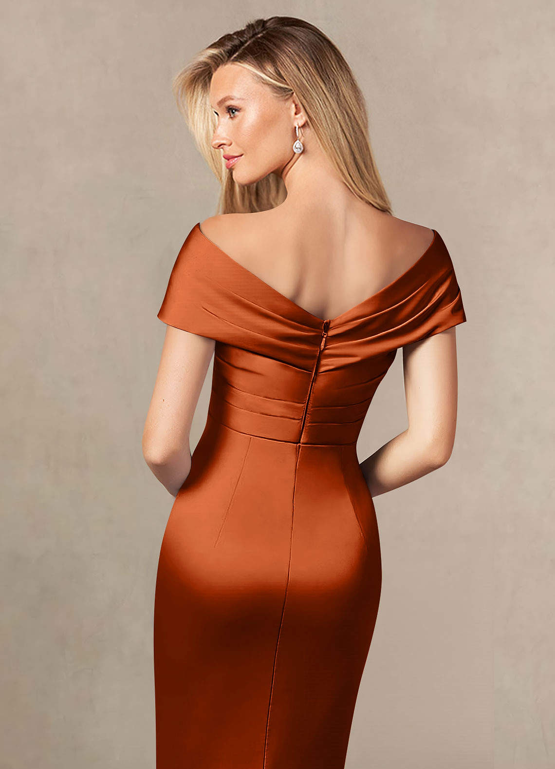 Azazie Ludlow Burnt Orange Mermaid Pleated Stretch Satin Dress