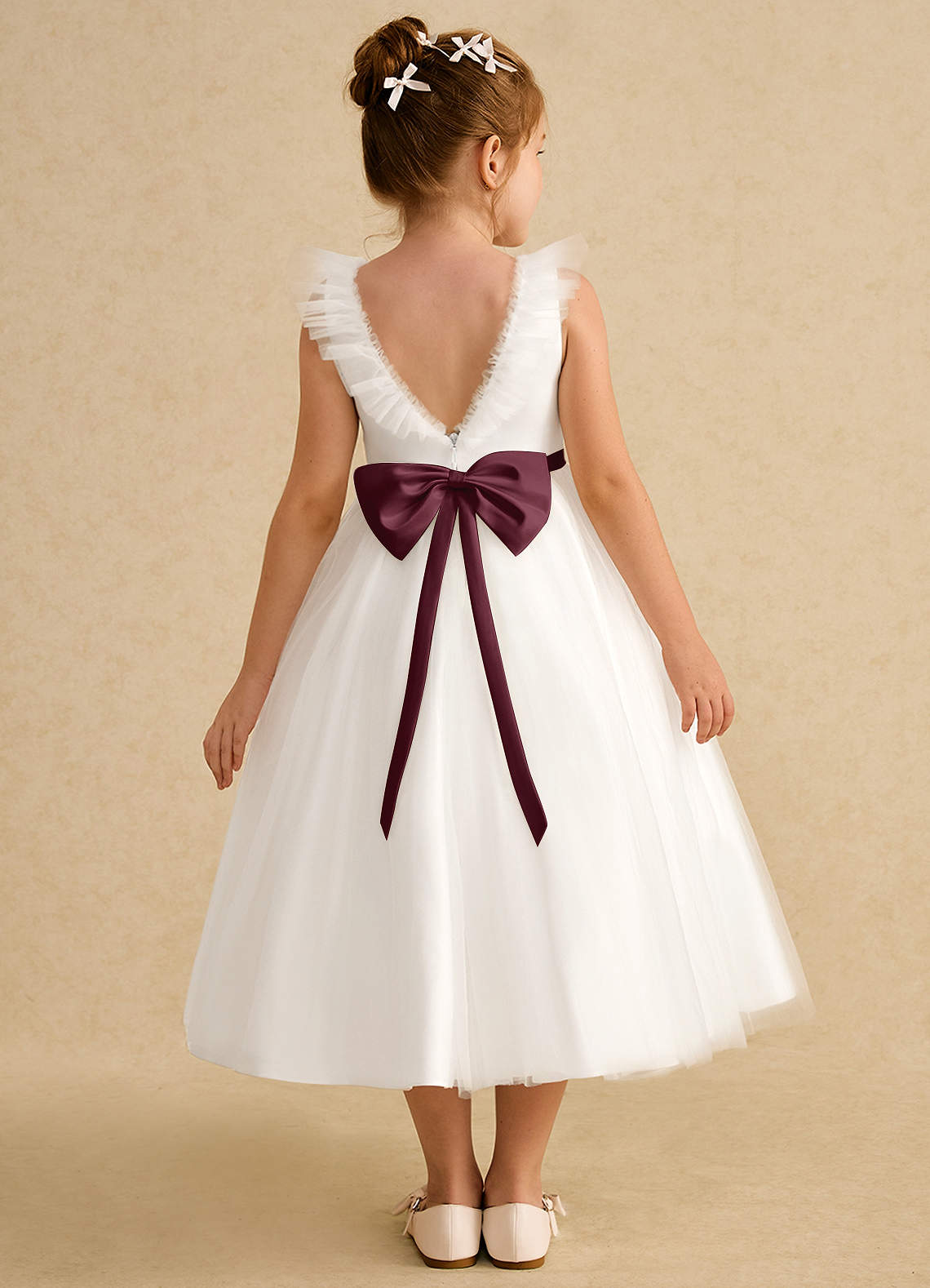 Azazie Amber Blumenmädchenkleider A-Linie Schleifen Tüll Kleid Elfenbein Cabernet image1